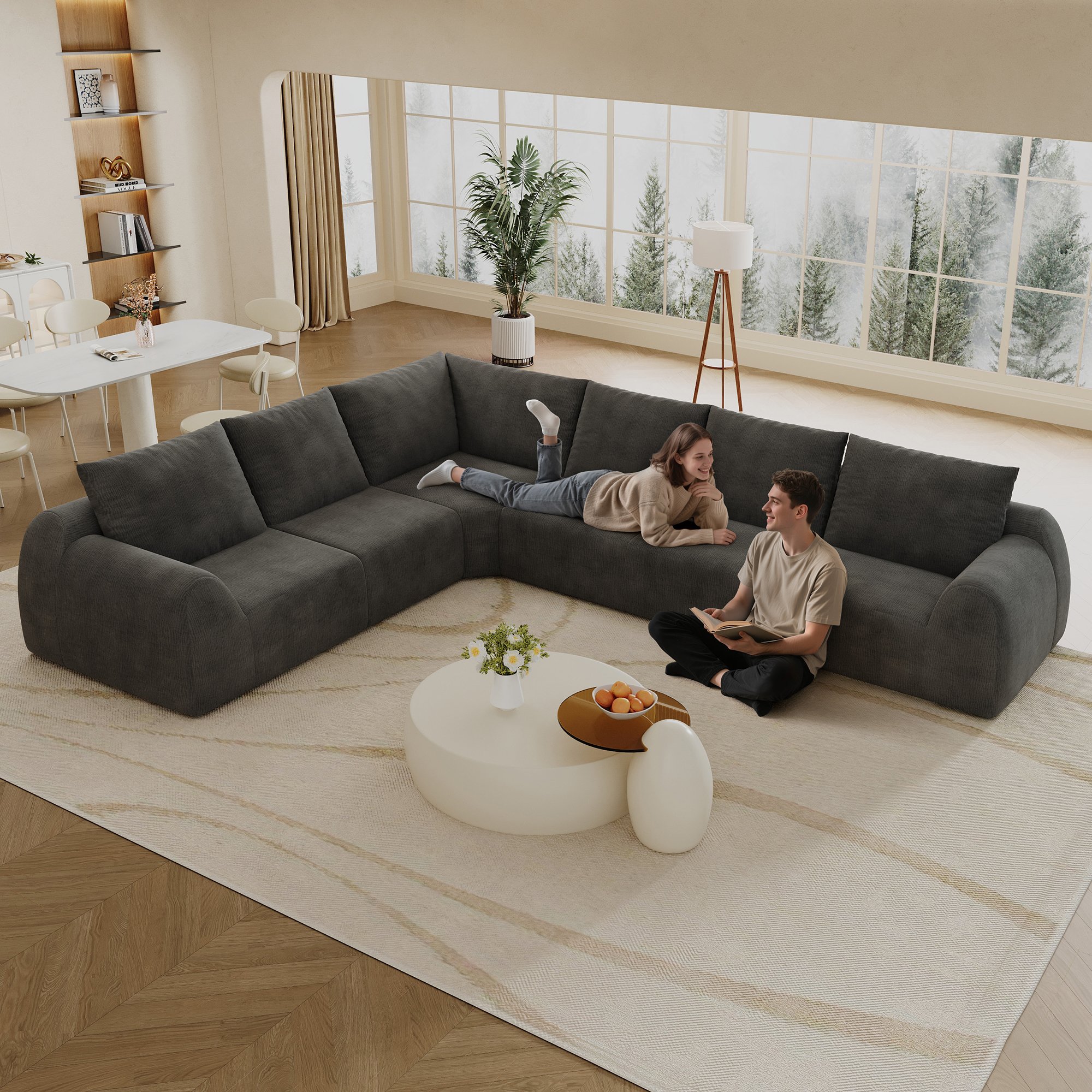 Canapé d'angle 334x267cm en tissu chenille gris foncé, rembourré mousse haute élasticité, sans montage requis pour salon et chambre à coucher moderne