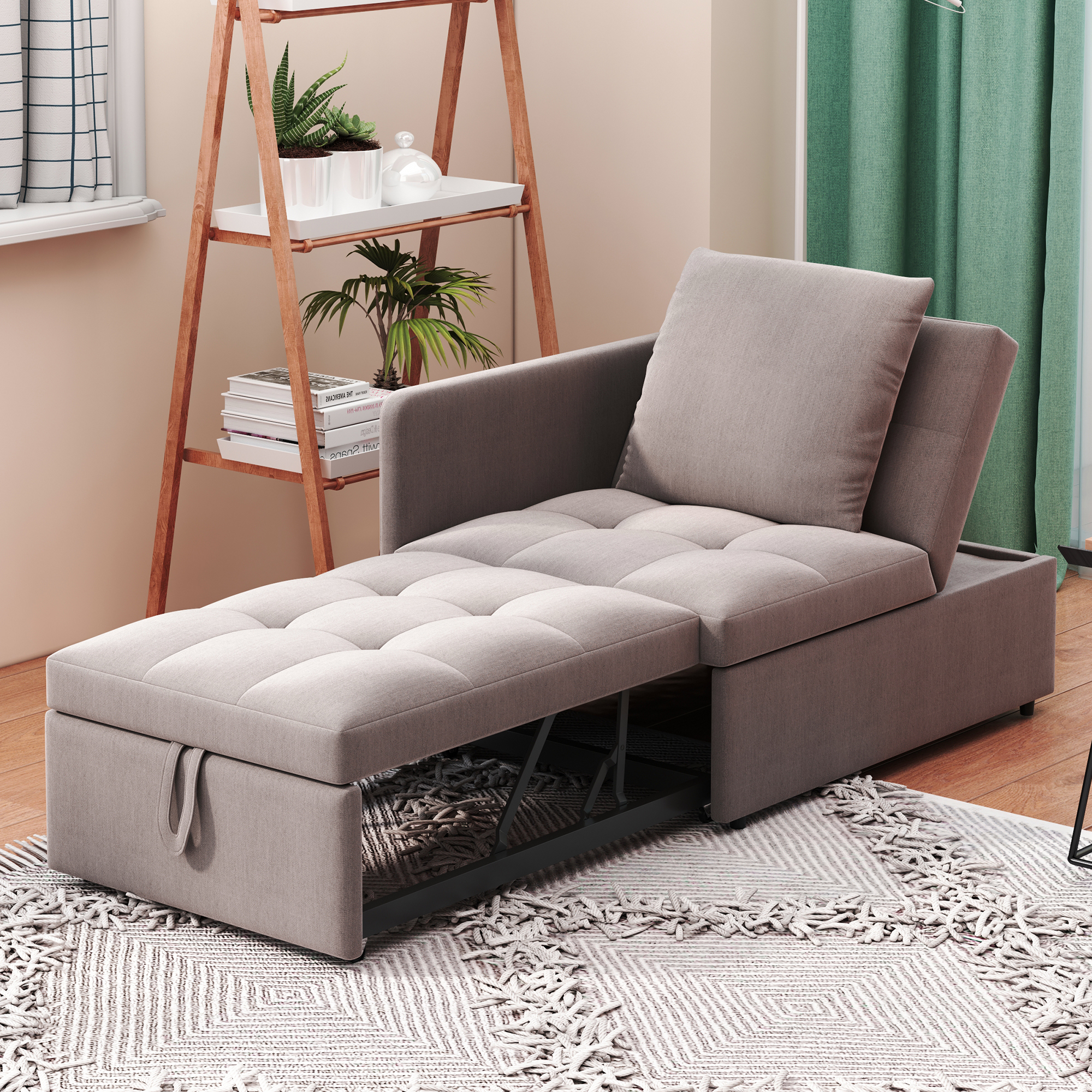 Lit avec rangement et tiroirs intégrés 177x68x65 cm en lin gris pour petit espace et chambre d'amis