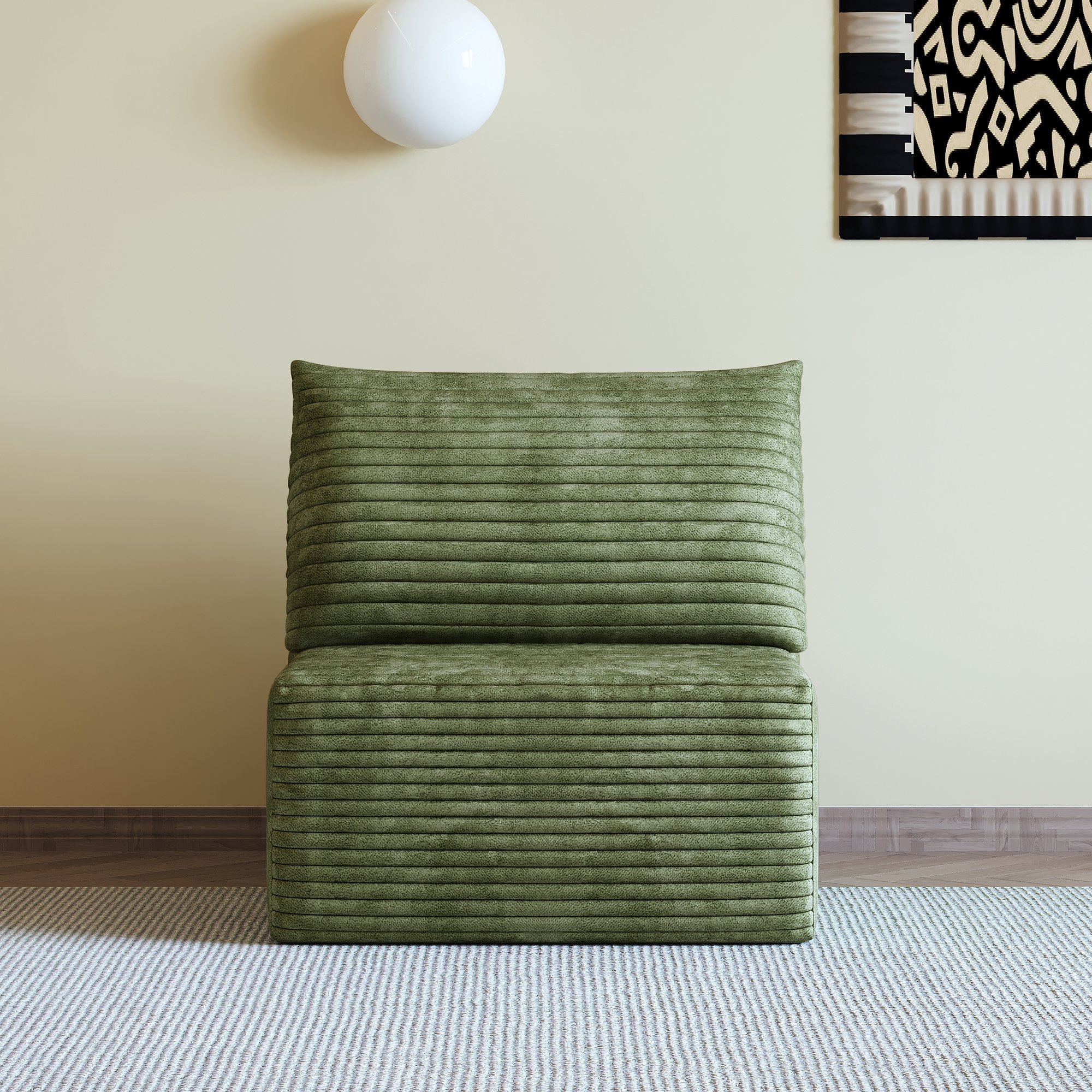 Canapé une place vert en tissu côtelé, style nuage sans montage, dimensions 70x95x83 cm pour salon ou chambre