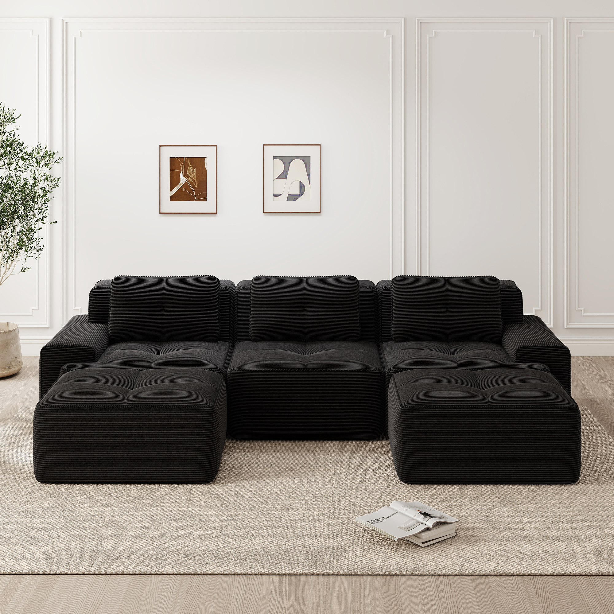 Canapé Modulable 3 Places Noir, Canapé Panoramique En U Avec Ottoman, Revêtement Côtelé, Design Sans Pieds Pour Salon Moderne