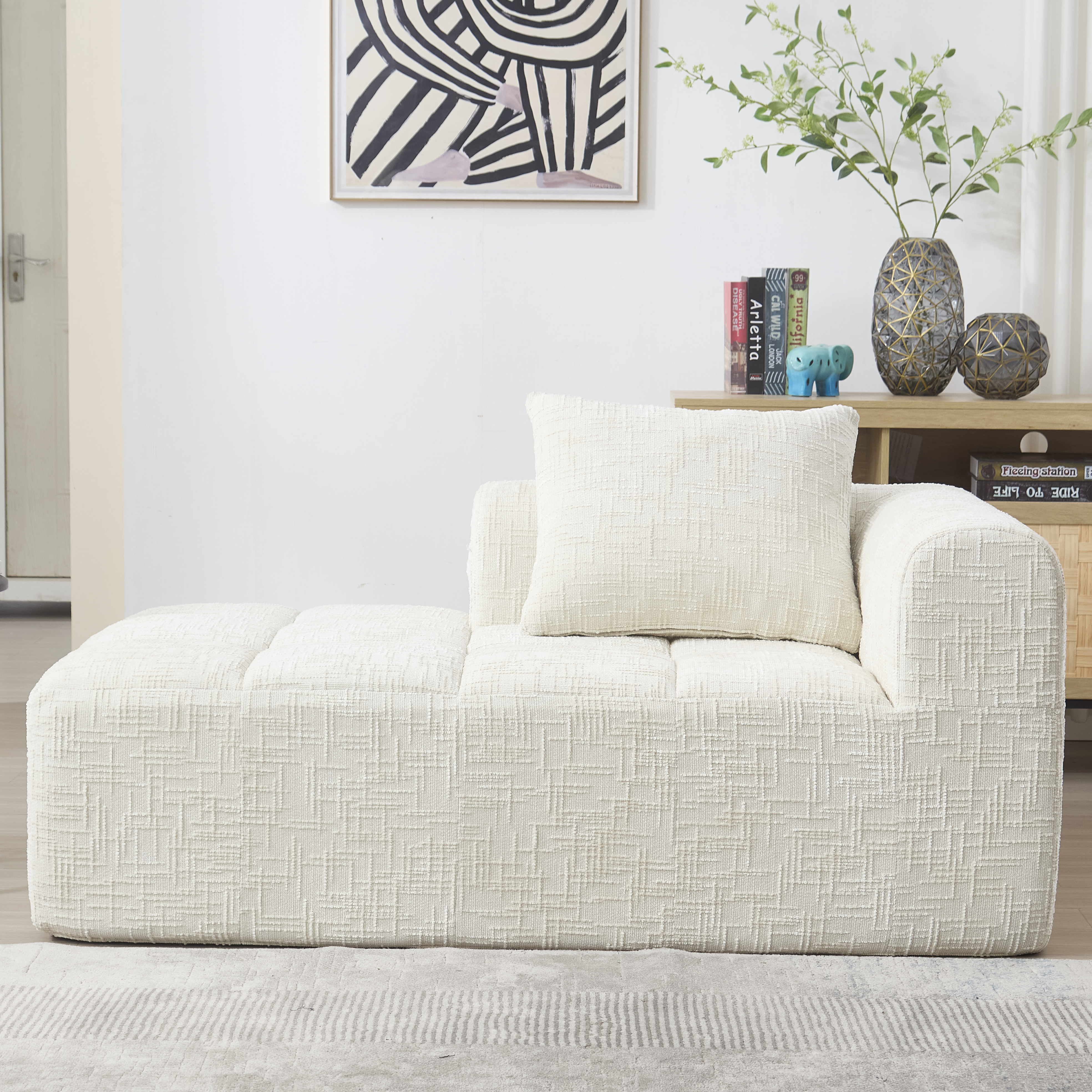 Canapé méridienne beige en chenille, structure résistante à l'usure et assise à ressort rapide