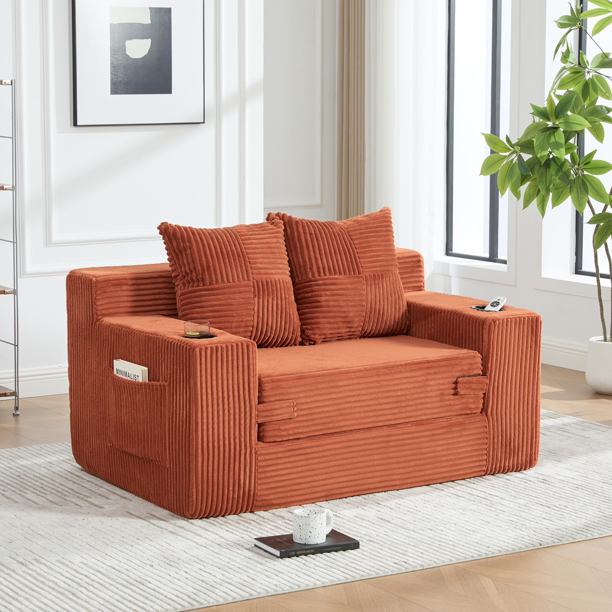Canapé Droit Moderne Orange en Velours Côtelé avec Coussins et Rangement Latéral Intégré pour Salon Contemporain
