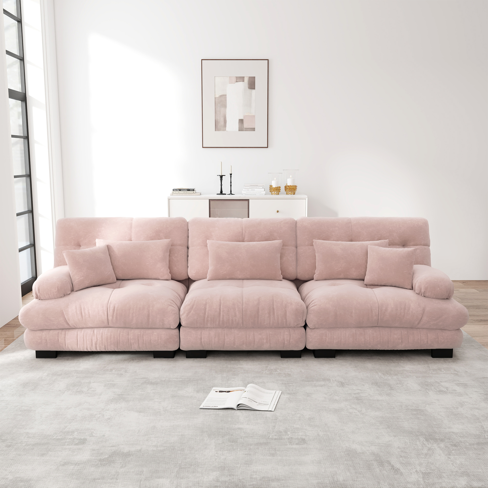 Canapé d'angle 3 places modulable avec tiroir intégré et assise profonde en chenille rose pour salon