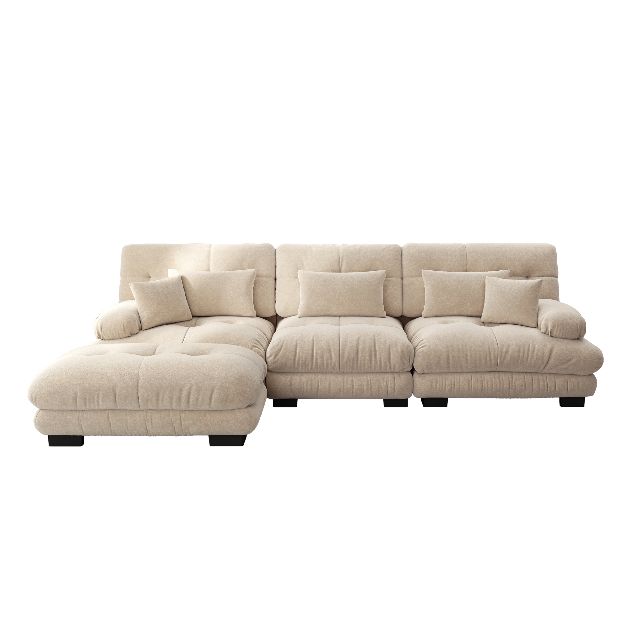 Canapé d'angle 5 places en chenille marron clair, structure modulable en L avec ottomans mobiles assortis
