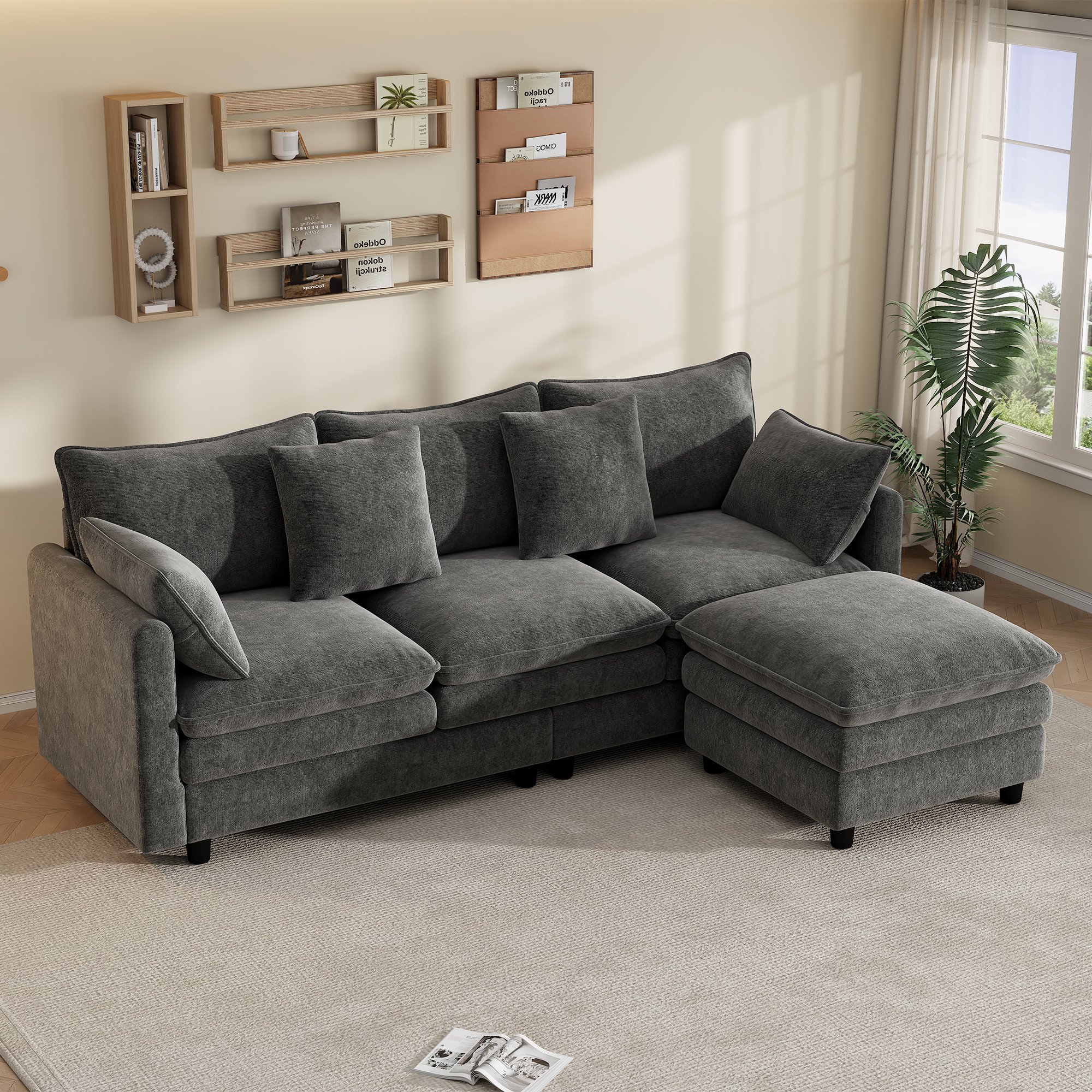 Canapé d'angle 3 places gris en tissu chenille avec méridienne amovible, 4 coussins et dossier, structure stable pour salon ou bureau, dimensions 212x150x90 cm