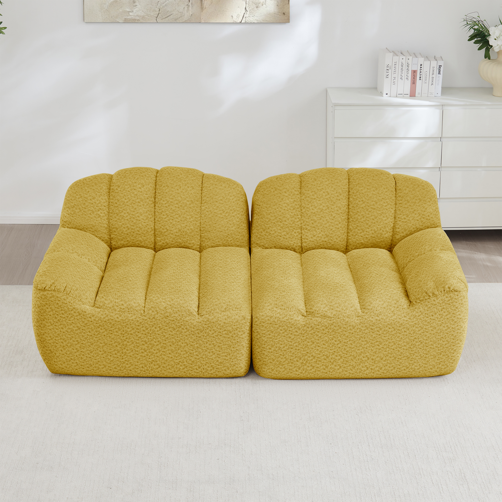 Canapé Modulable 2 Places Jaune Design Ergonomique Sans Montage Coussins Profonds Mousse Haute Densité Salon Moderne