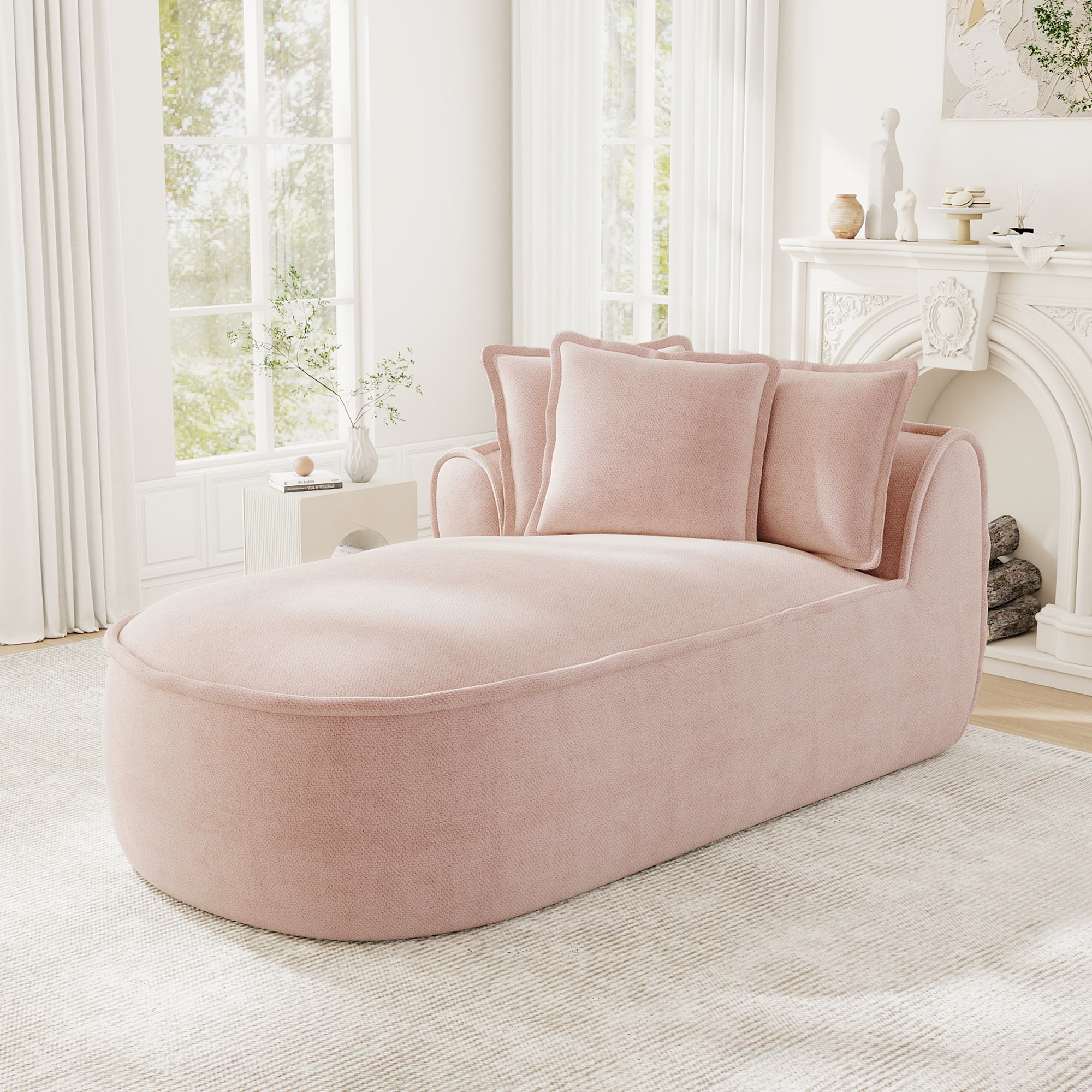 Canapé modulable 2 places en chenille rose avec méridienne gauche, coussins inclus et assise profonde