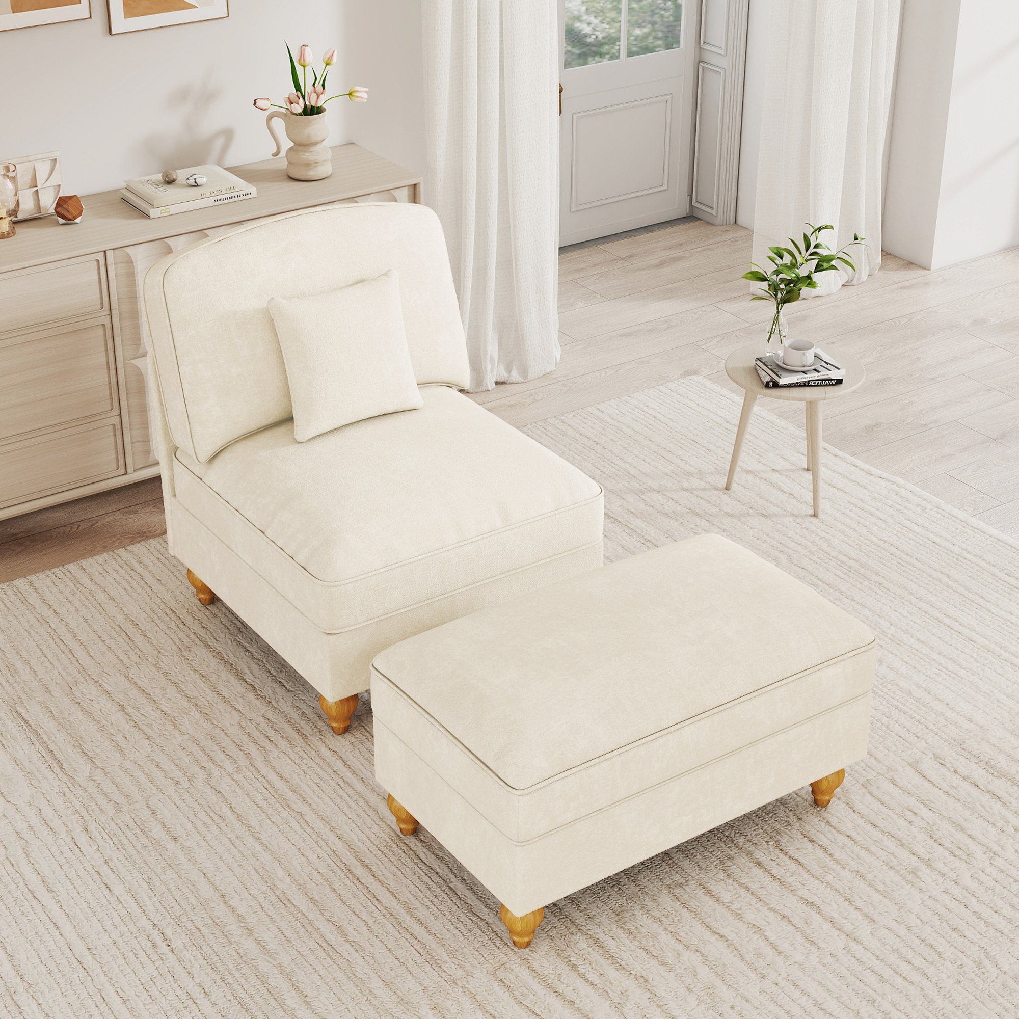 Fauteuil Lounge Chenille Blanc avec Pouf Mobile, Jupe Amovible et Pieds Tournés, Canapé Nuage Confortable pour Salon