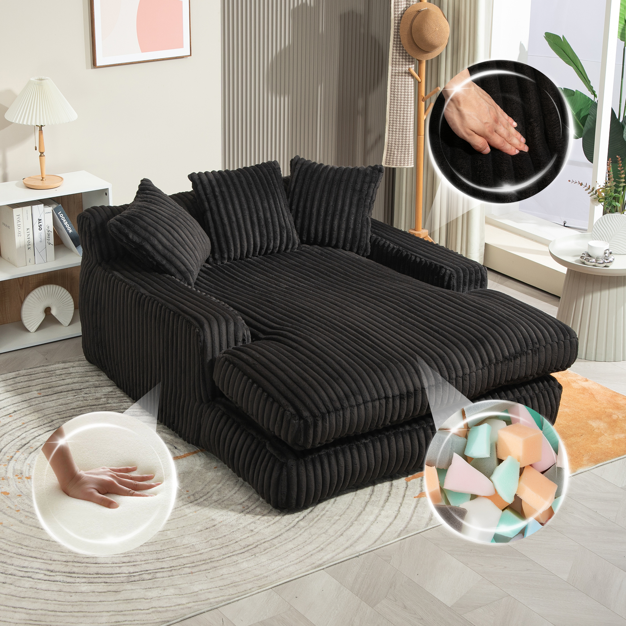 Canapé compact 2 places en velours côtelé noir pour salon et bureau, sans montage, 3 coussins inclus