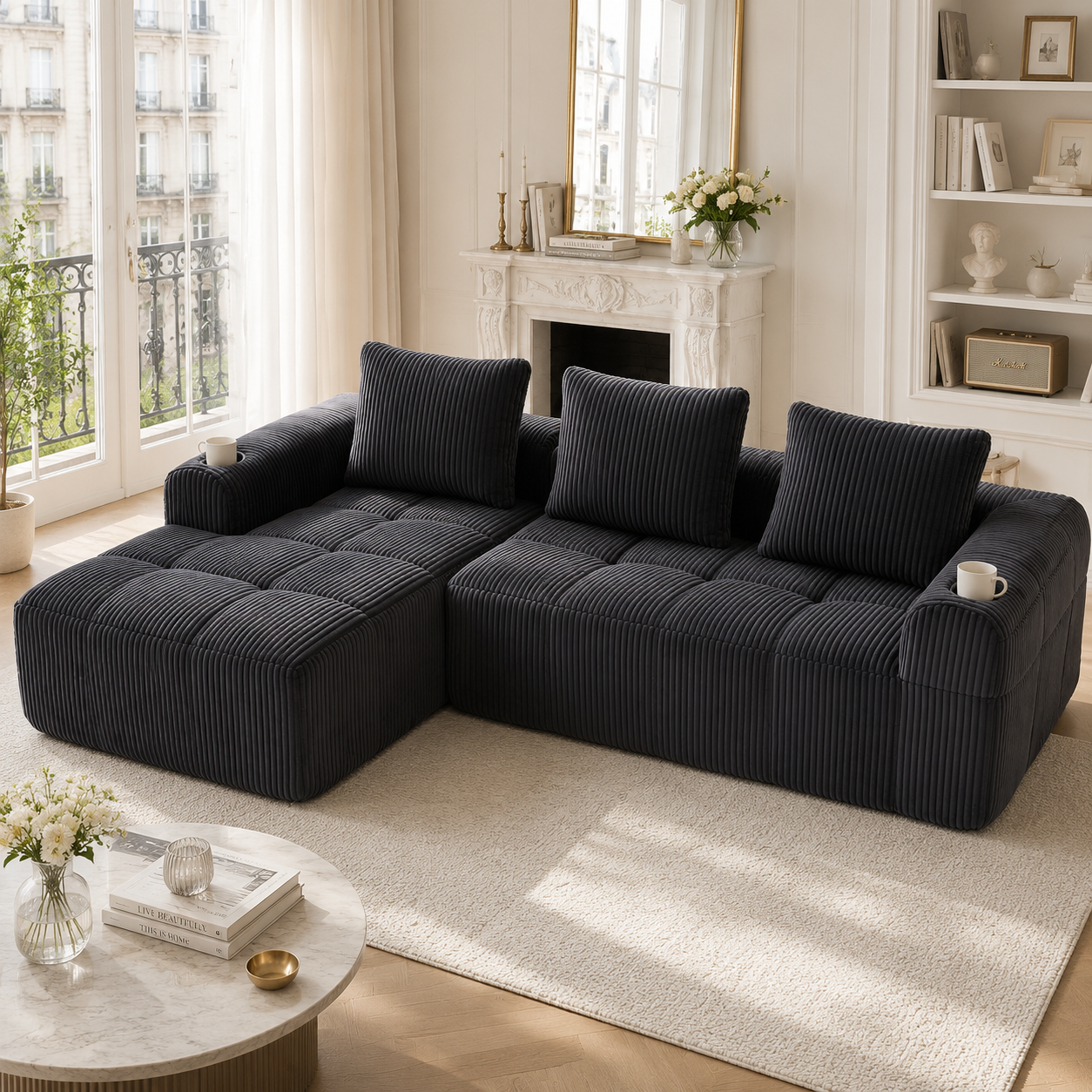 Canapé modulable compact en velours côtelé gris foncé avec poches latérales, porte-gobelets et 3 coussins