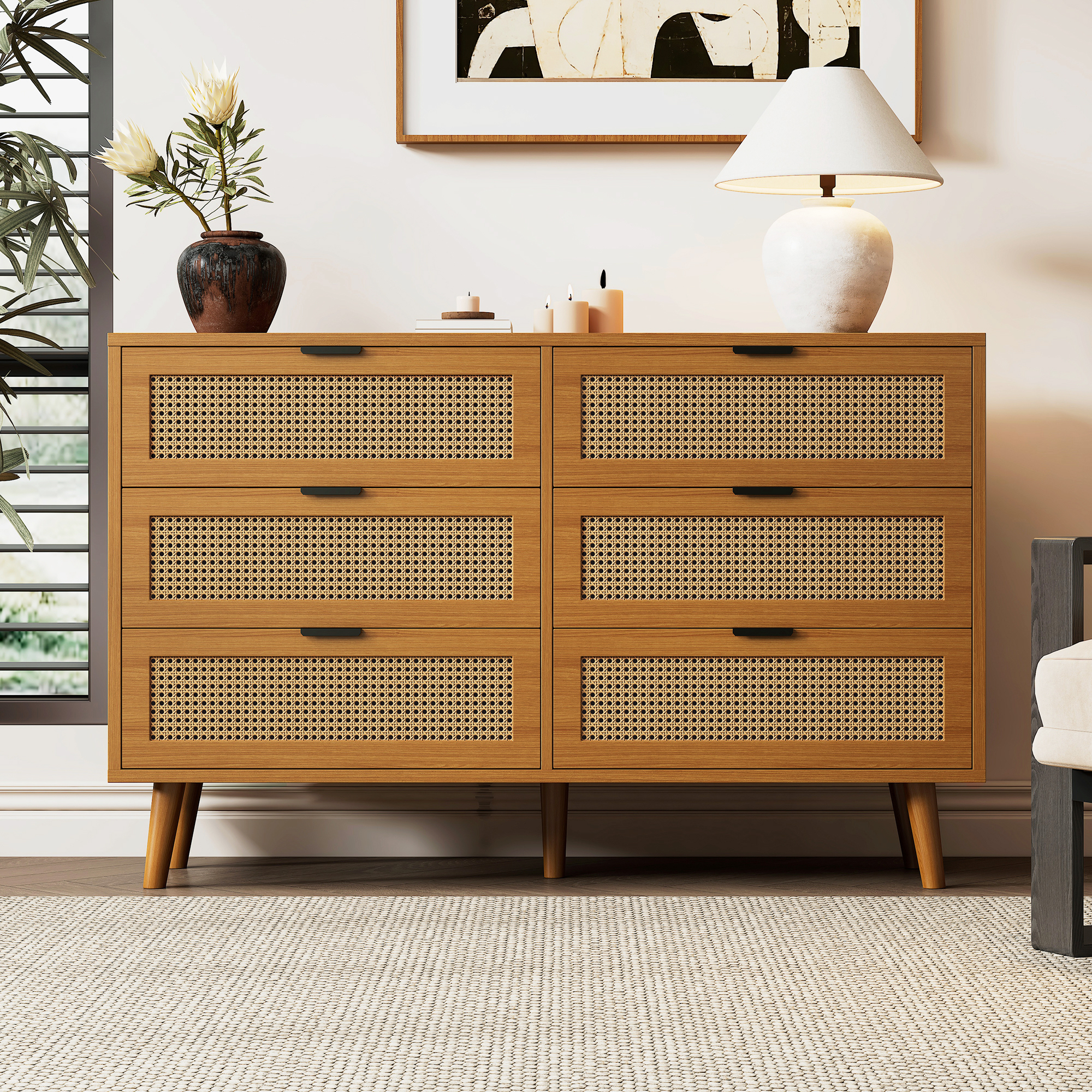Buffet 6 tiroirs 120x40x76,5 cm Meuble de rangement avec poignées métal et pieds bois massif pour chambre salon bureau