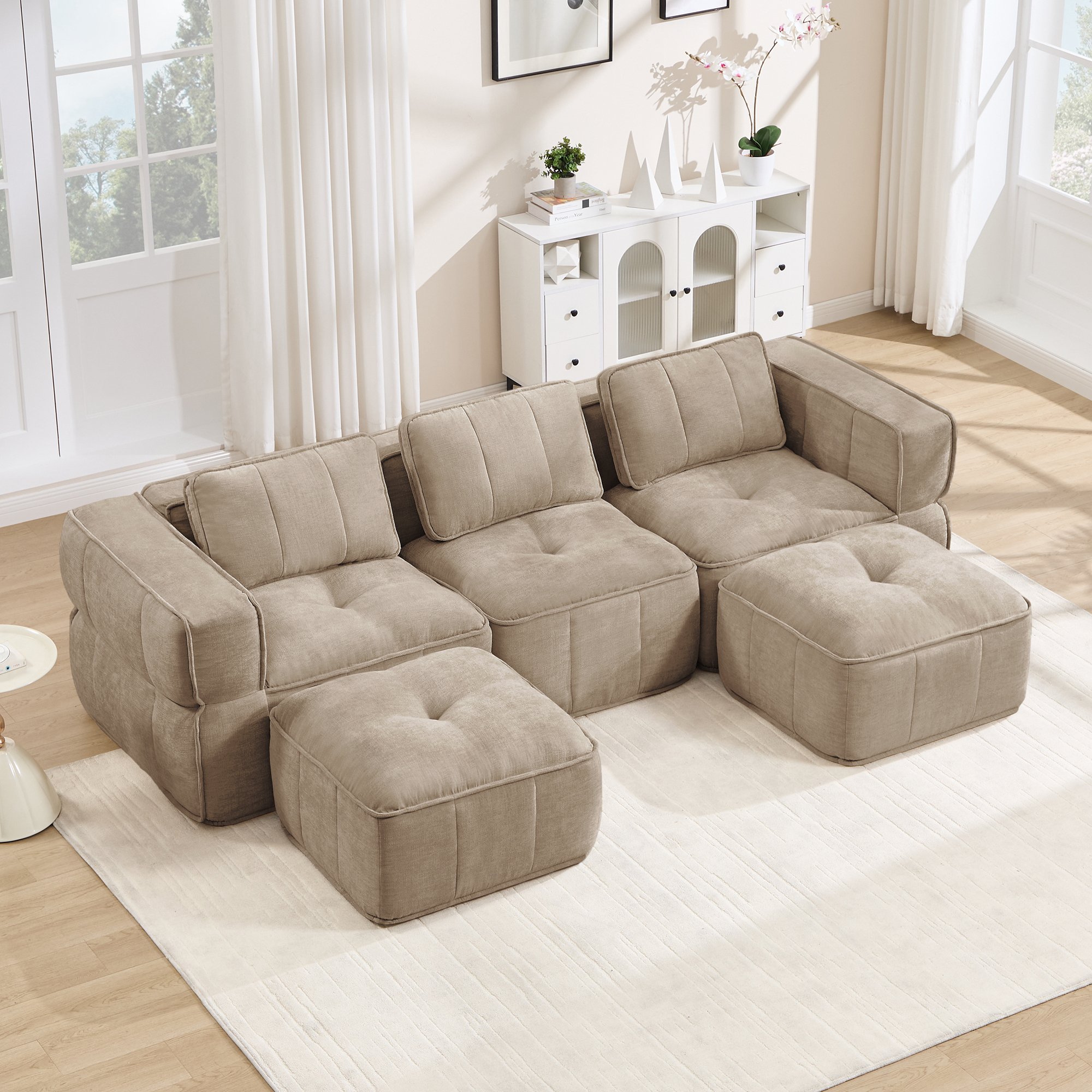 Canapé modulable 3 places sans cadre en mousse haute densité, tissu polyester sable, assise profonde, idéal salon moderne