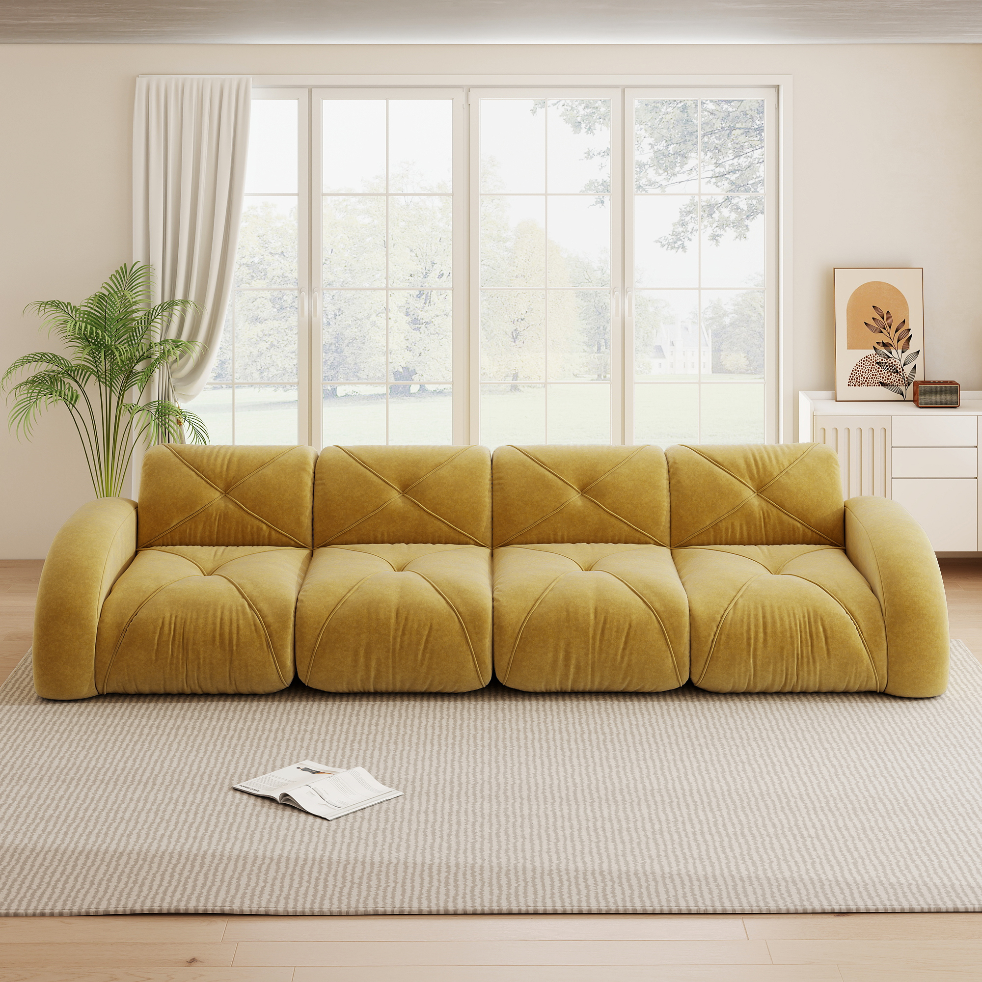 Canapé modulable chenille jaune 358x95x76 cm, assise en mousse 32D sans cadre intérieur, revêtement anti-dérapant et durable