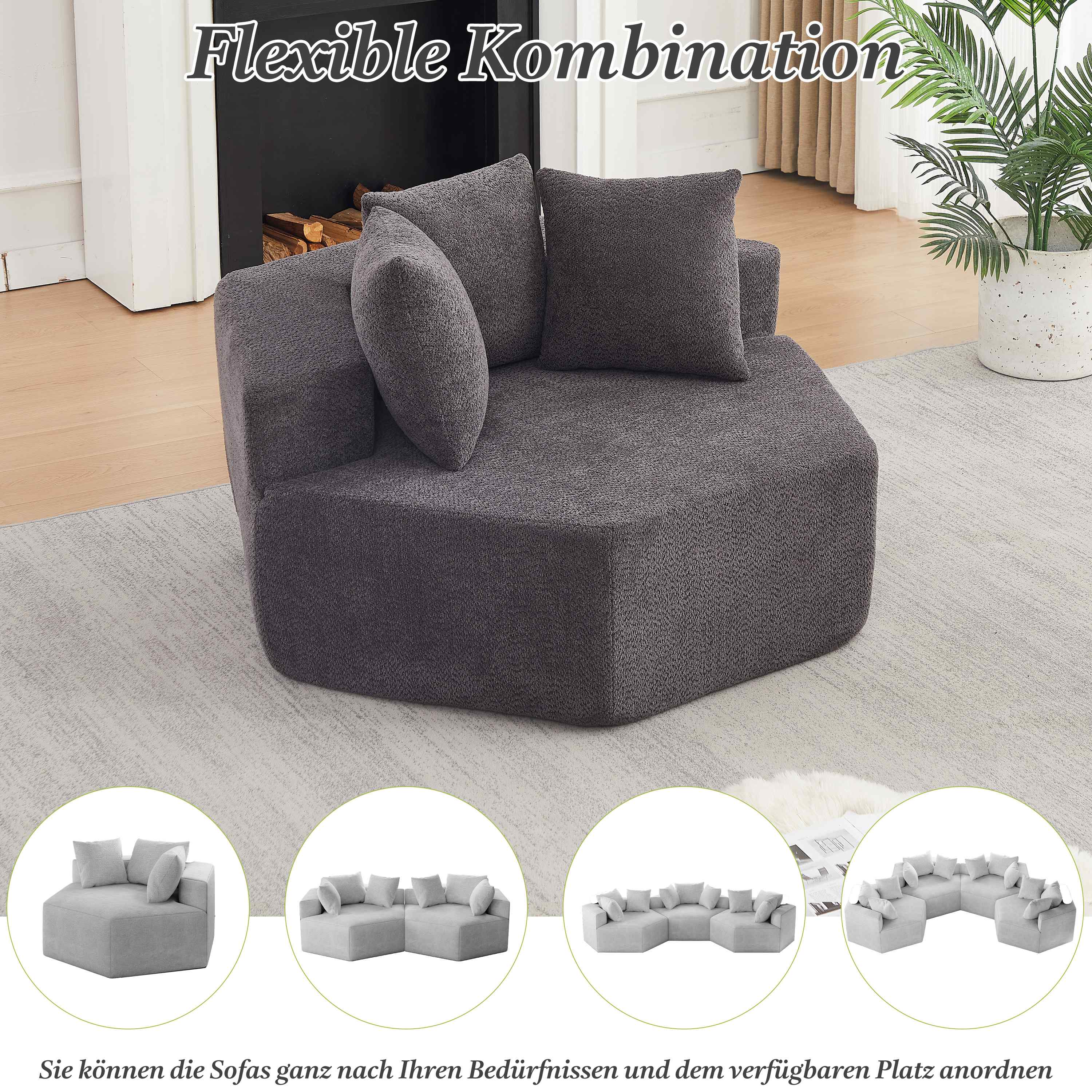 Fauteuil hexagonal gris en tissu chenille, module de canapé une place avec coussins et structure à ressorts pour salon moderne
