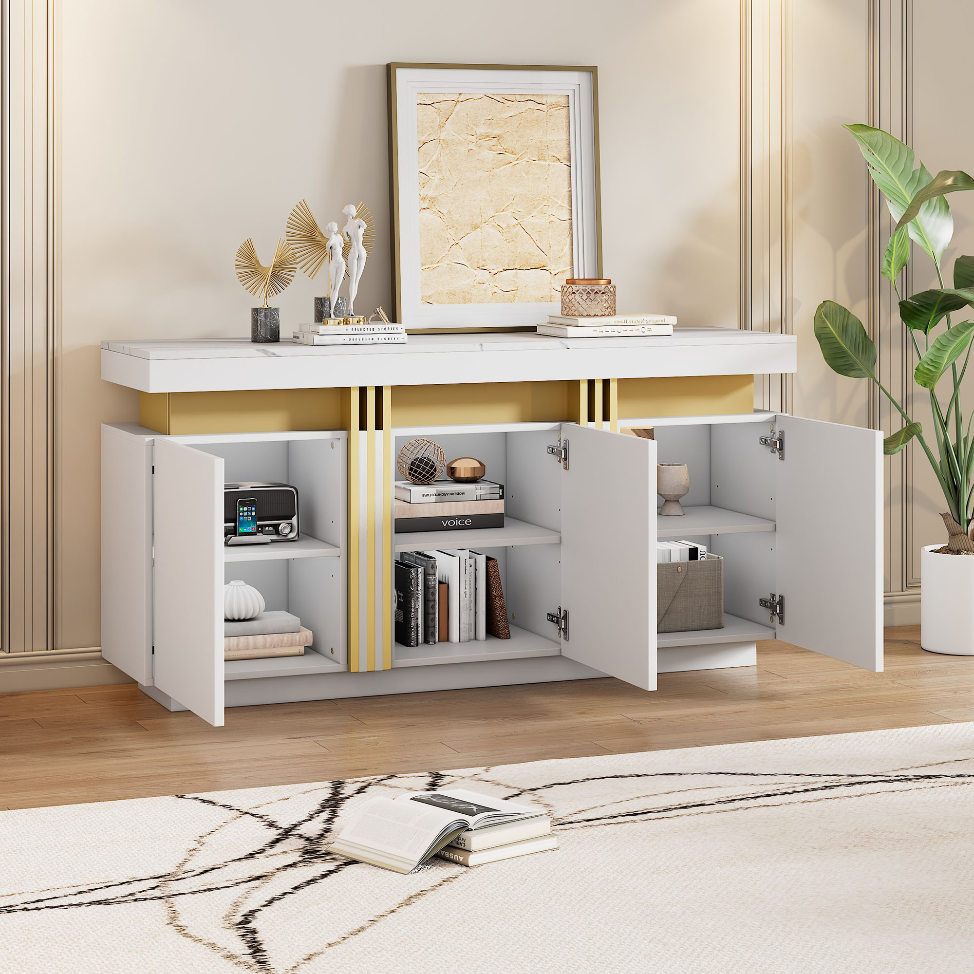 Buffet Blanc 140x38x70 cm, Meuble Rangement Cuisine 3 Portes, Capacité Charge Max 45 kg, Idéal Salon Entrée Bureau