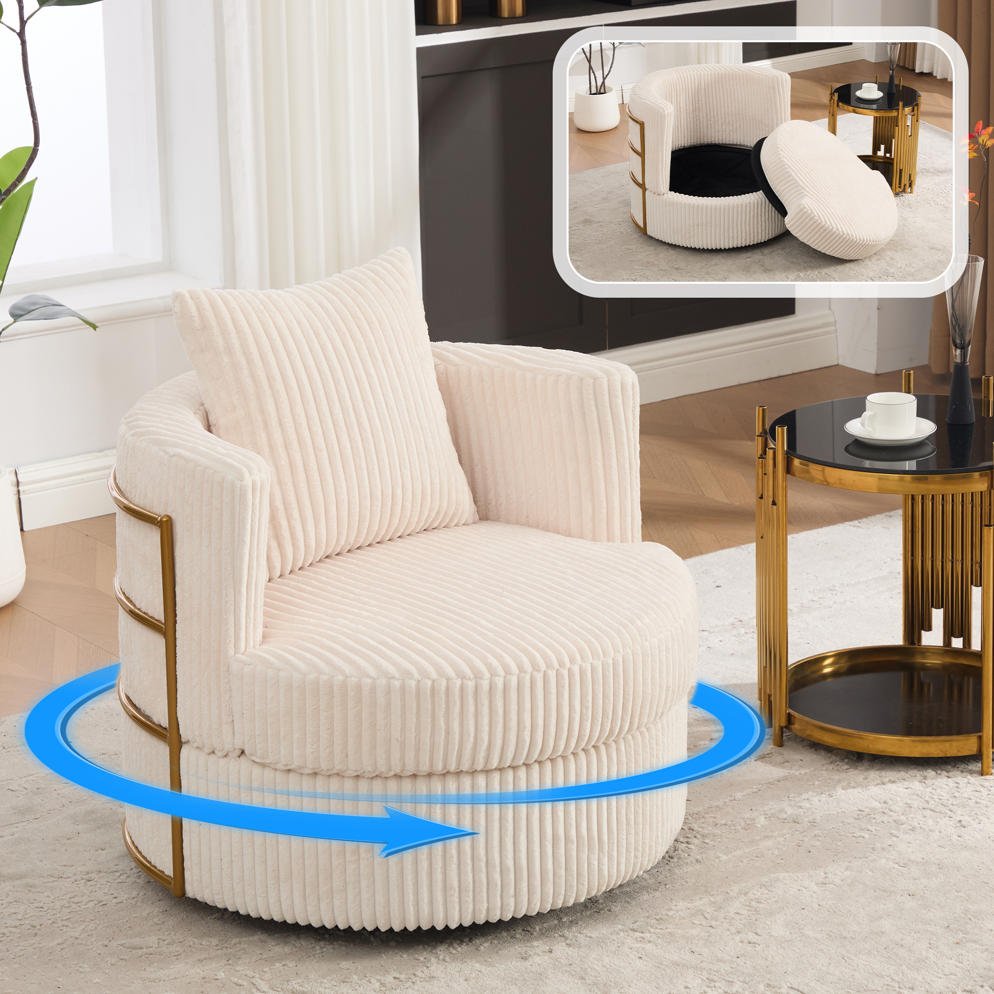 Canapé fauteuil pivotant 360° avec rangement sous l'assise et mousse haute densité pour salon ou chambre