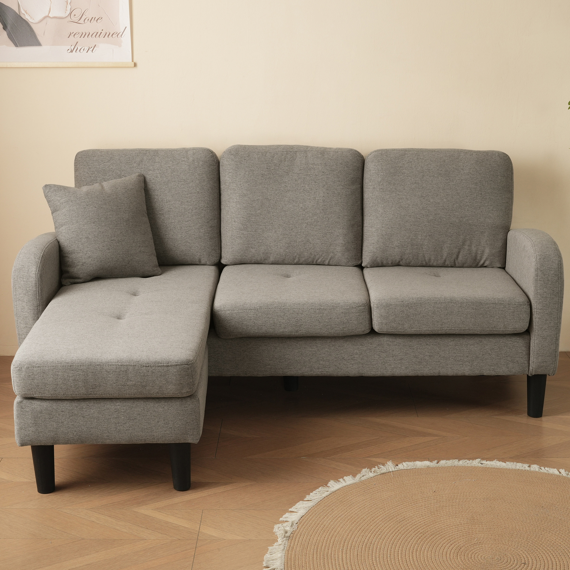 Canapé d'angle 3 places avec Méridienne Réversible Gris Anthracite Tissu Lin Respirant