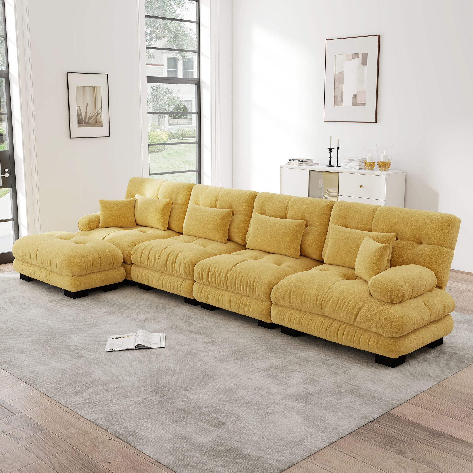 Canapé d'angle modulable en L 4 places, Canapé Salon Jaune en Tissu Chenille avec Ottoman Mobile, Design Contemporain pour Pièce à Vivre
