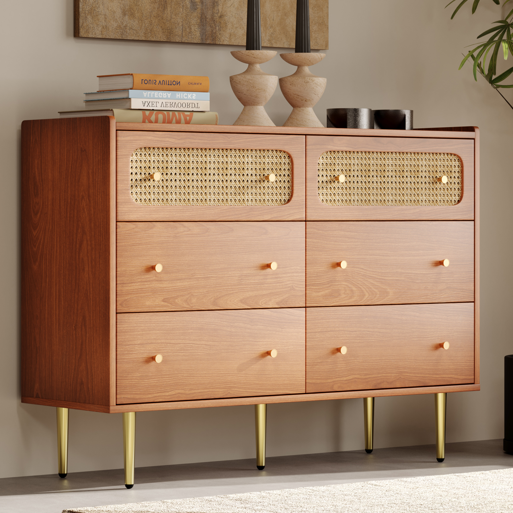 Buffet 6 Tiroirs 120x40x90 cm Meuble de Rangement avec Couvercles Rotan et Poignées Dorées pour Chambre et Salon