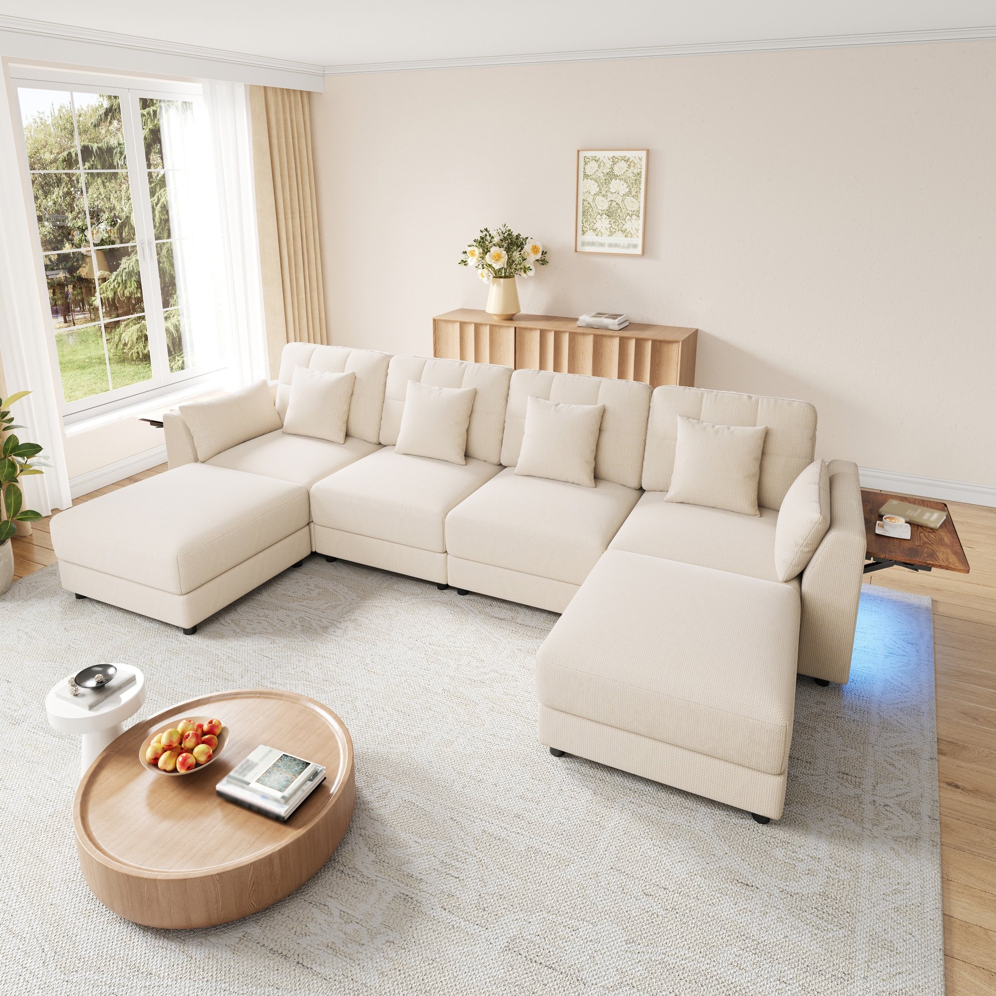 Canapé d'angle modulable en chenille beige, format U/L avec 2 poufs, LED Bluetooth et tables rabattables, dimensions 292x135x82 cm pour 6 personnes