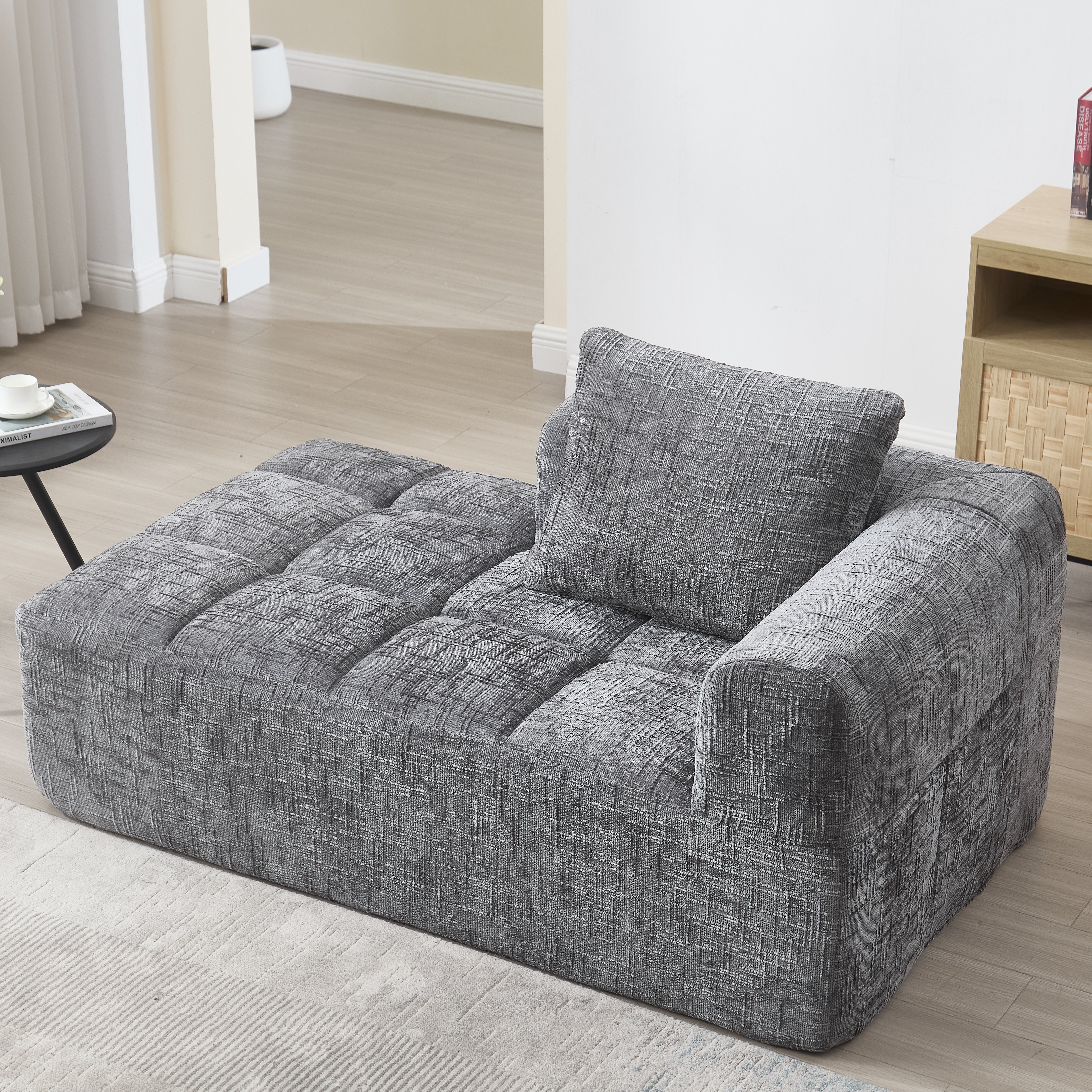 Canapé 2 places avec méridienne, poches latérales et coussin inclus, sans montage, en chenille gris