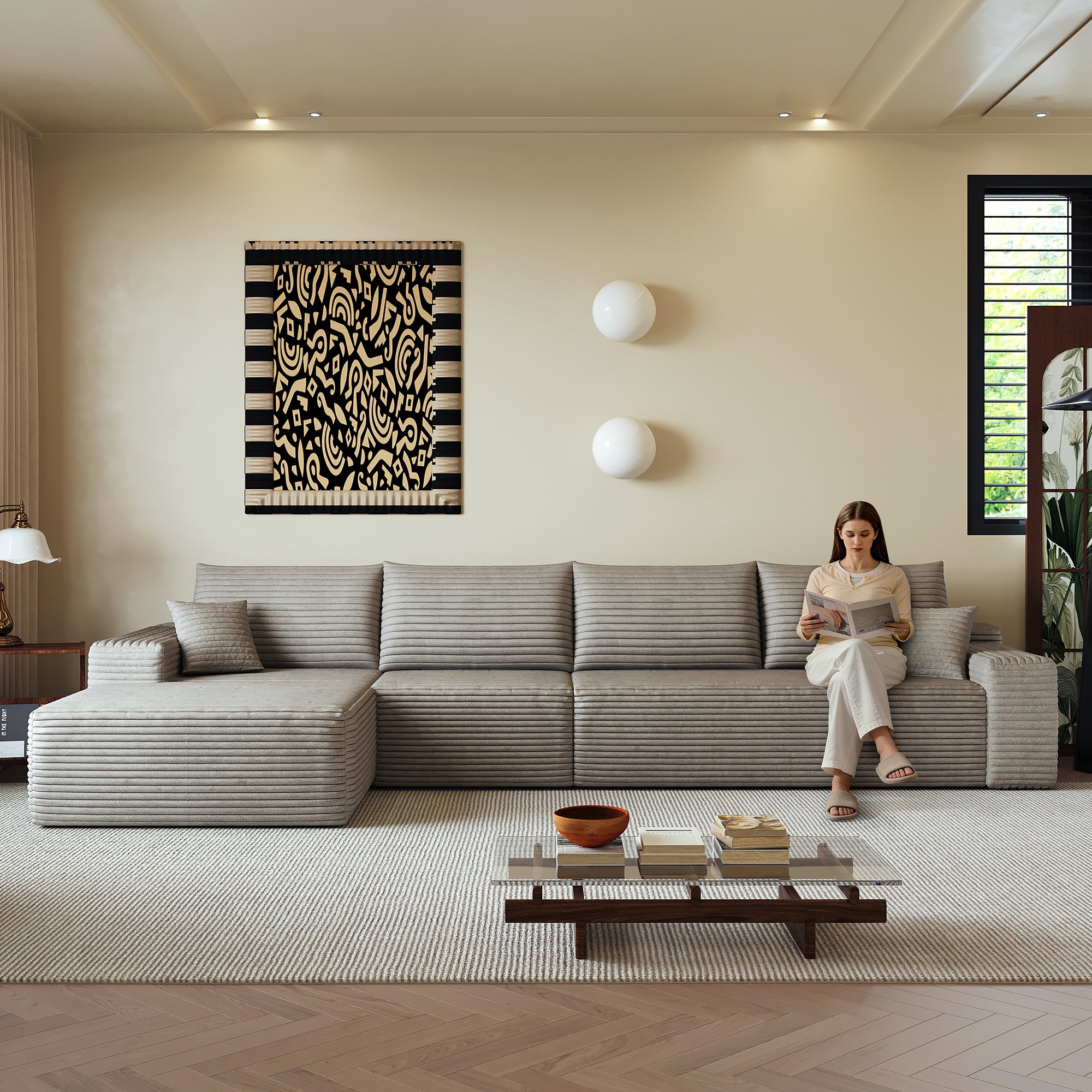 Grand canapé d'angle 340cm largeur, profondeur 175cm, hauteur 83cm, assise large et confortable, livraison compacte en 3 colis