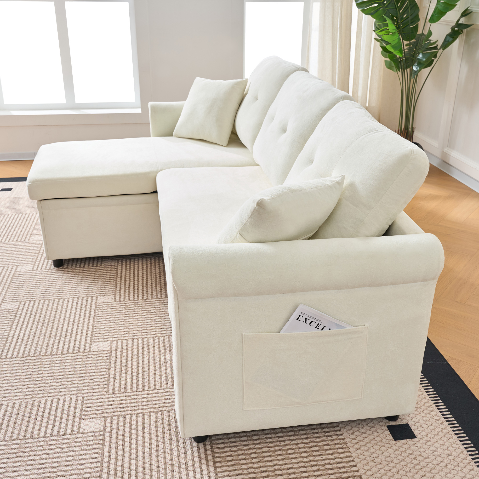 Canapé d'angle convertible beige en chenille avec coffre de rangement, structure réversible droite ou gauche, dimensions 206x130x85 cm pour le salon
