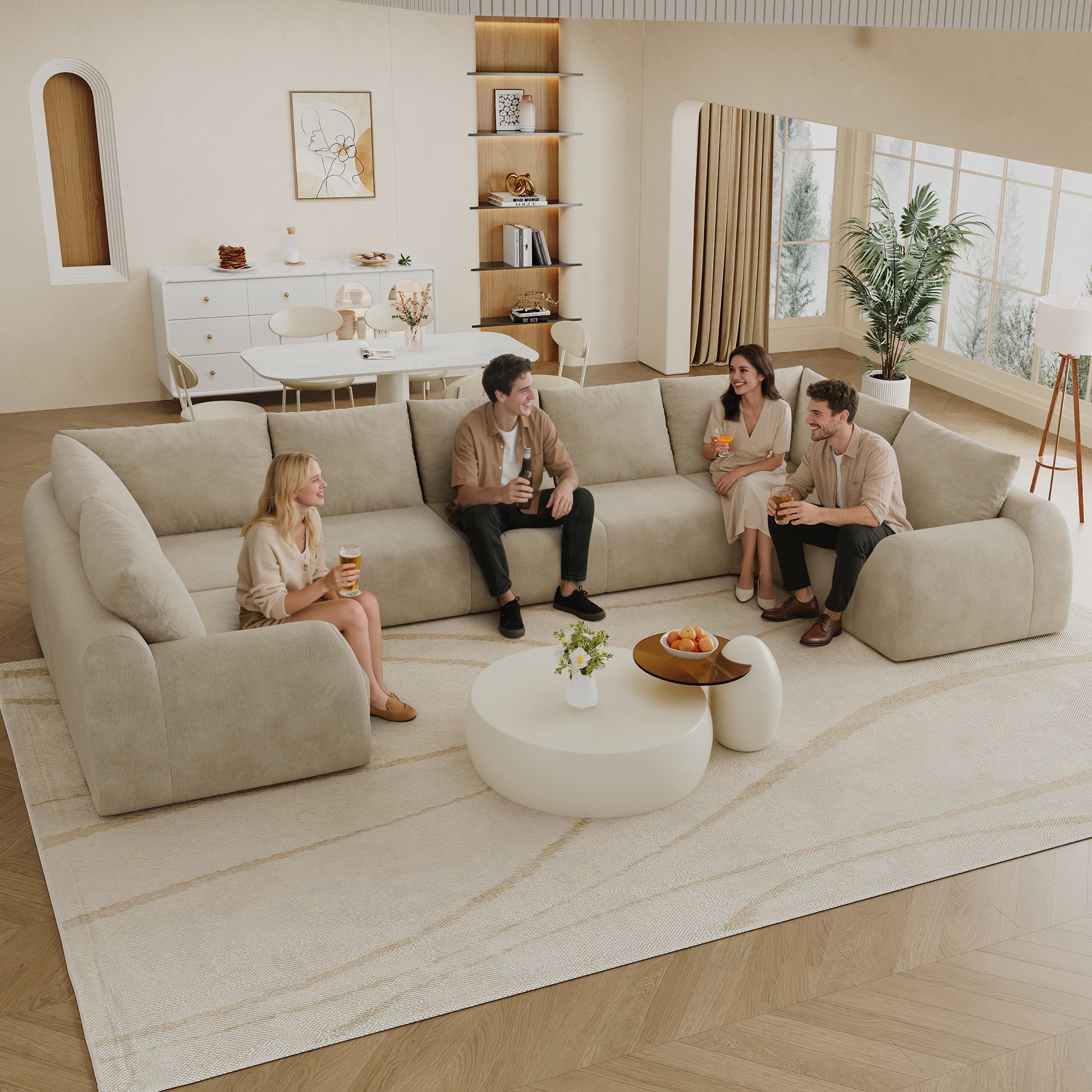 Canapé droit 411x200x85 cm en tissu chenille kaki, structure U-forme sans montage, mousse haute élasticité pour salon et chambre