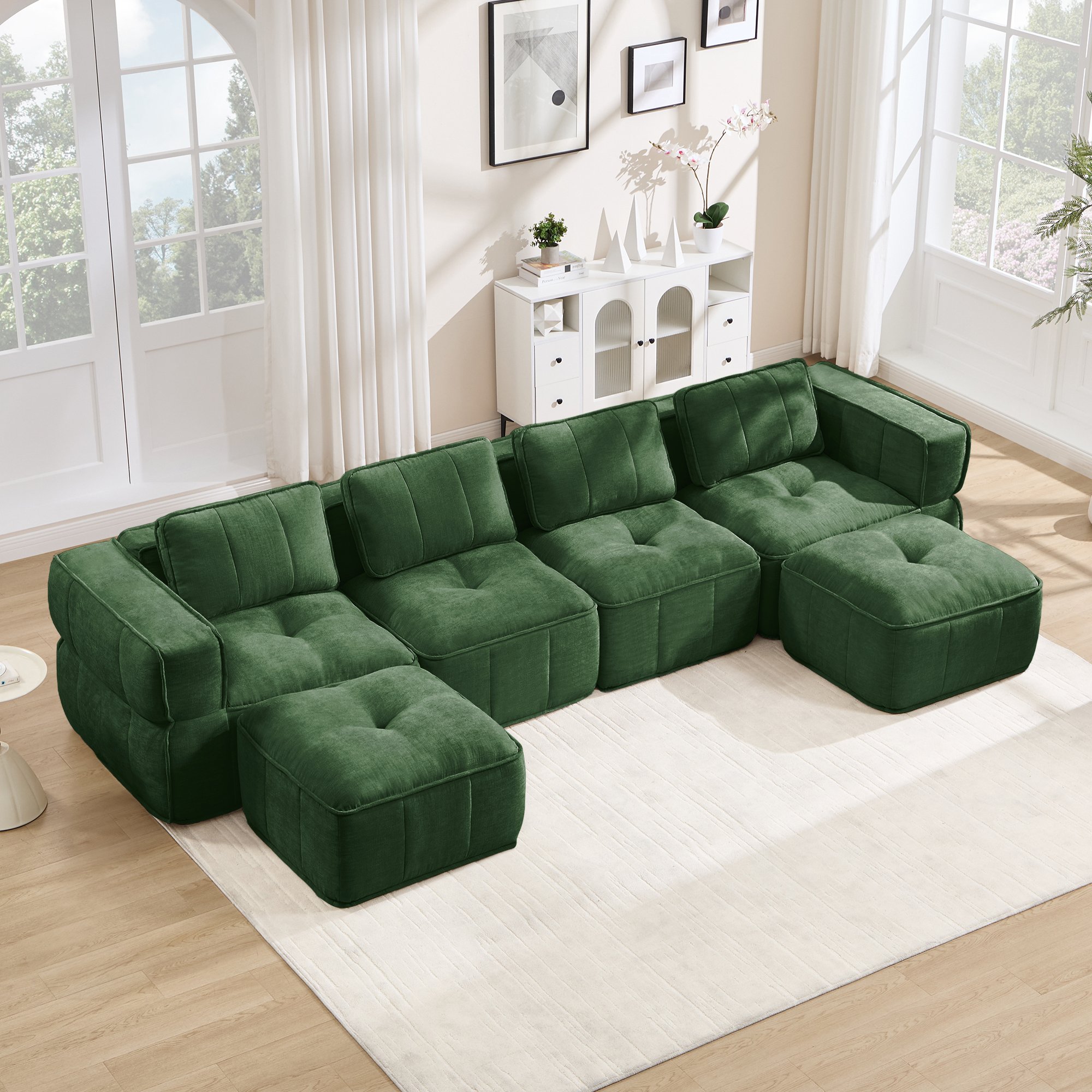 Canapé Modulable 4 Places Vert en Tissu Polyester, Mousse Haute Densité 32D, Sans Montage, pour Salon Moderne