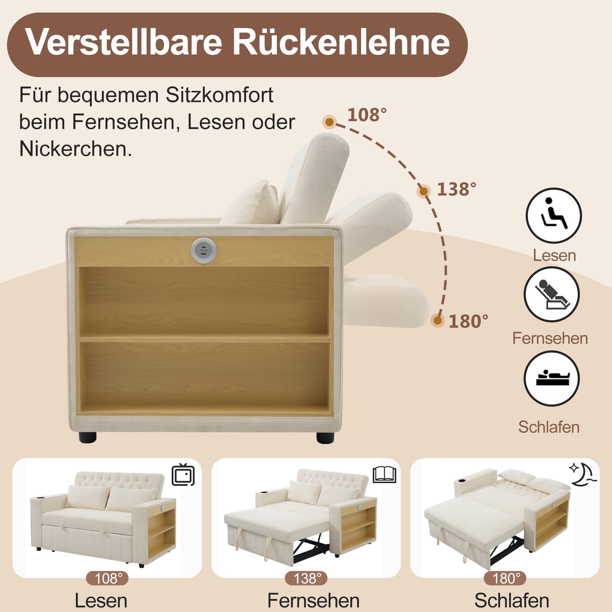 Lit rembourré avec rangement et couchage 2 places, port USB et dossier réglable 3 positions beige