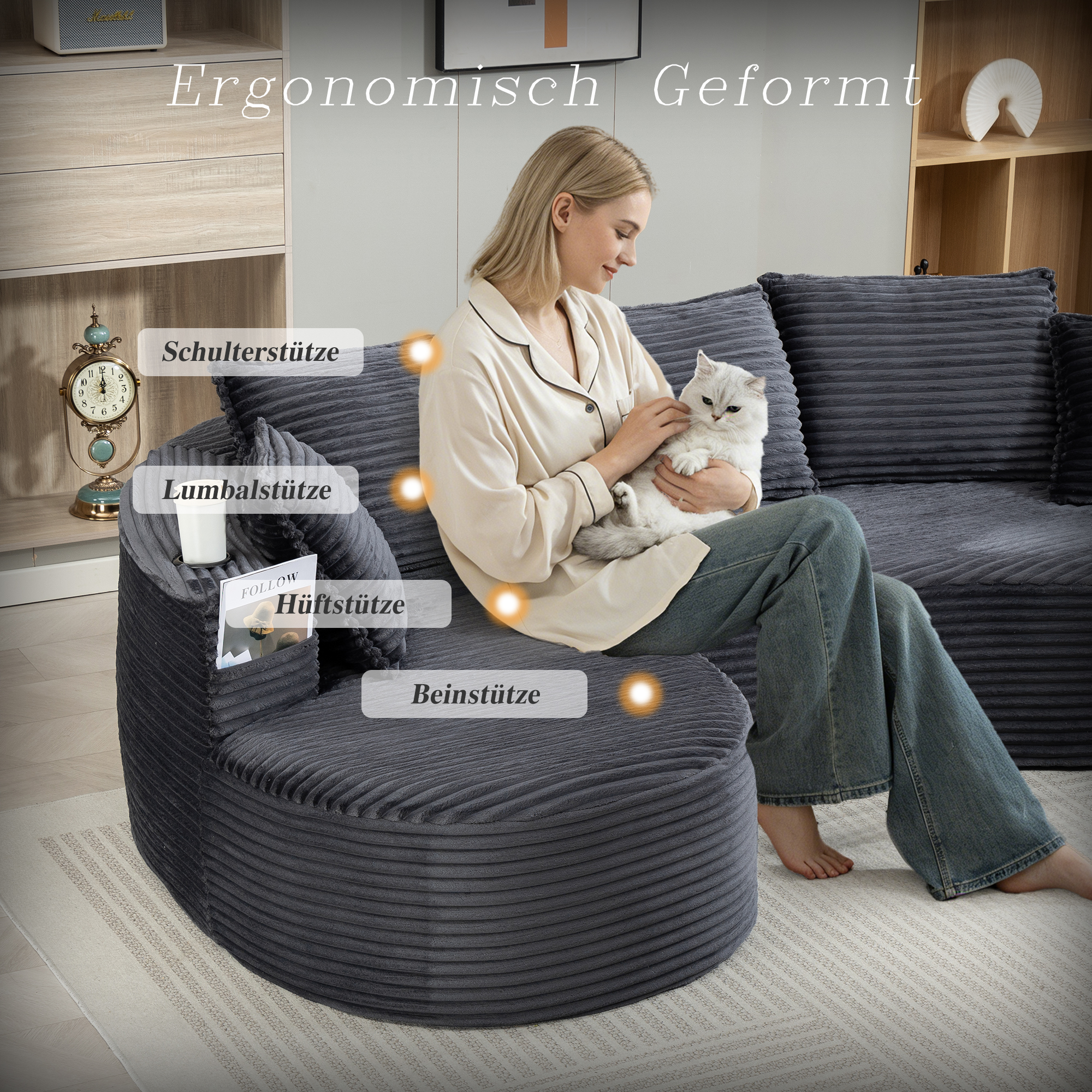 Canapé avec porte-gobelets intégrés et poches latérales, coussin inclus, mousse haute densité et ressorts