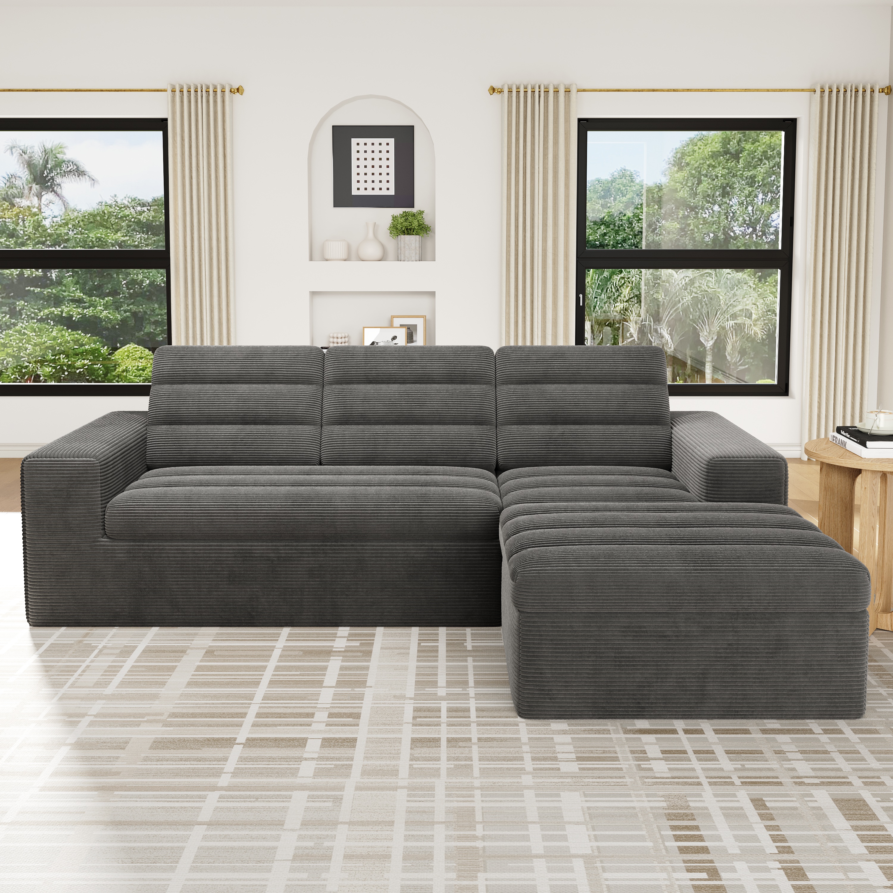 Canapé d'angle modulable 4 places en velours côtelé gris foncé, sans montage, pour salon et appartement