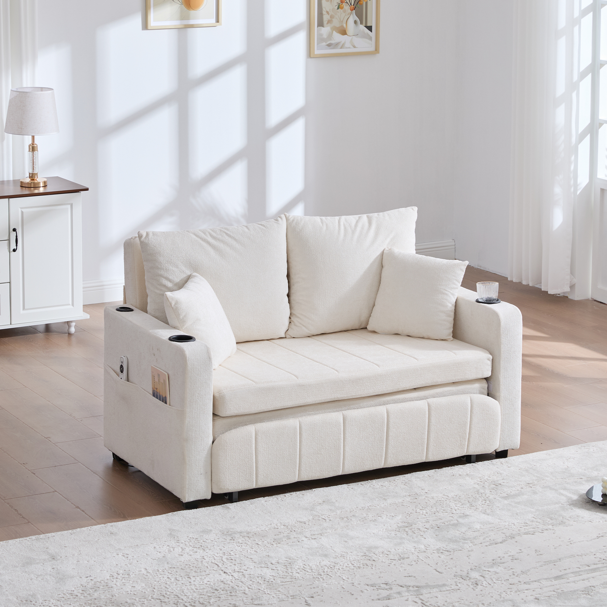 Lit rembourré 2 places 140x200 cm avec tiroirs de rangement, poches latérales et port USB Type-C