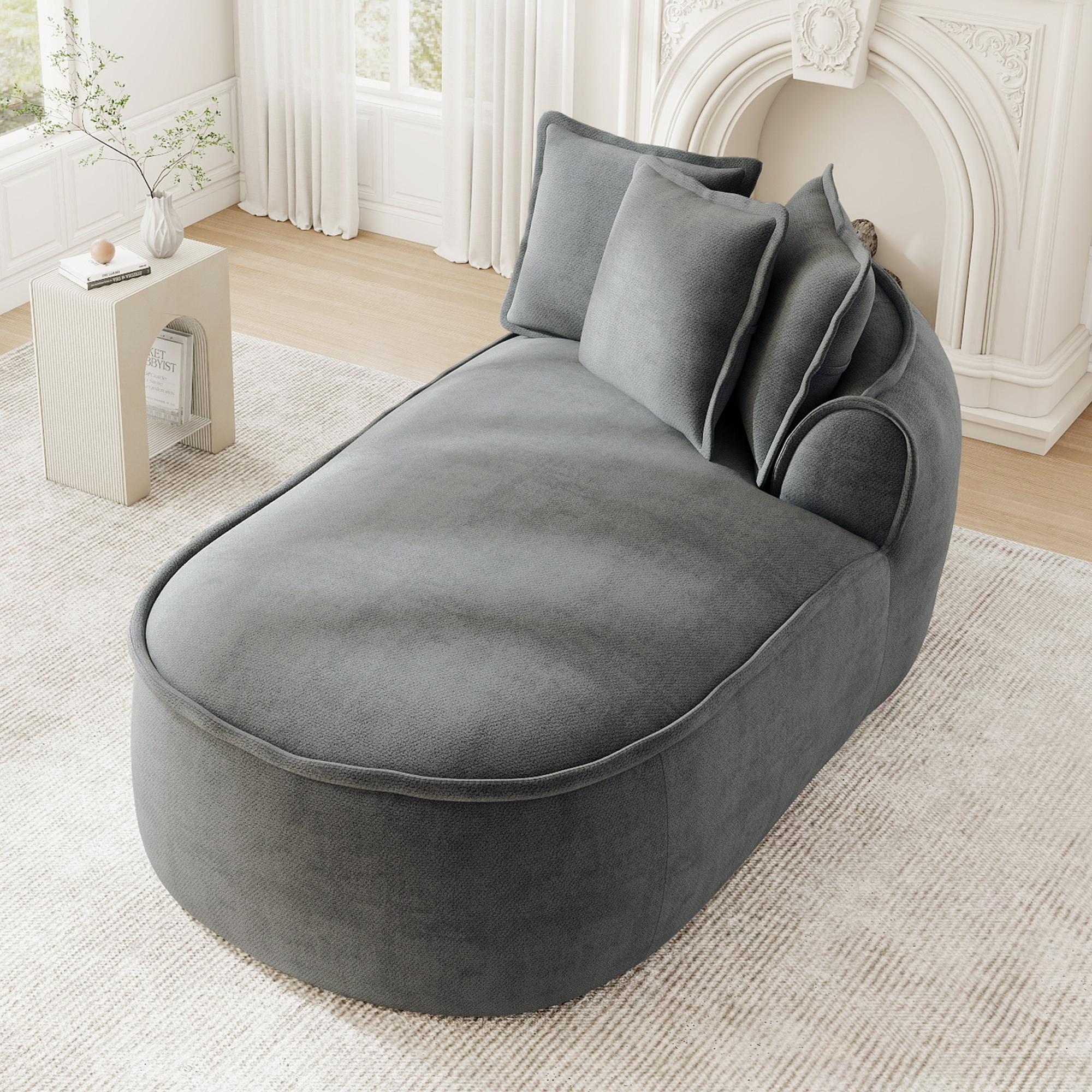 Canapé méridienne droit 2 places modulable sans montage, chenille gris, coussins inclus, assise ergonomique 32D