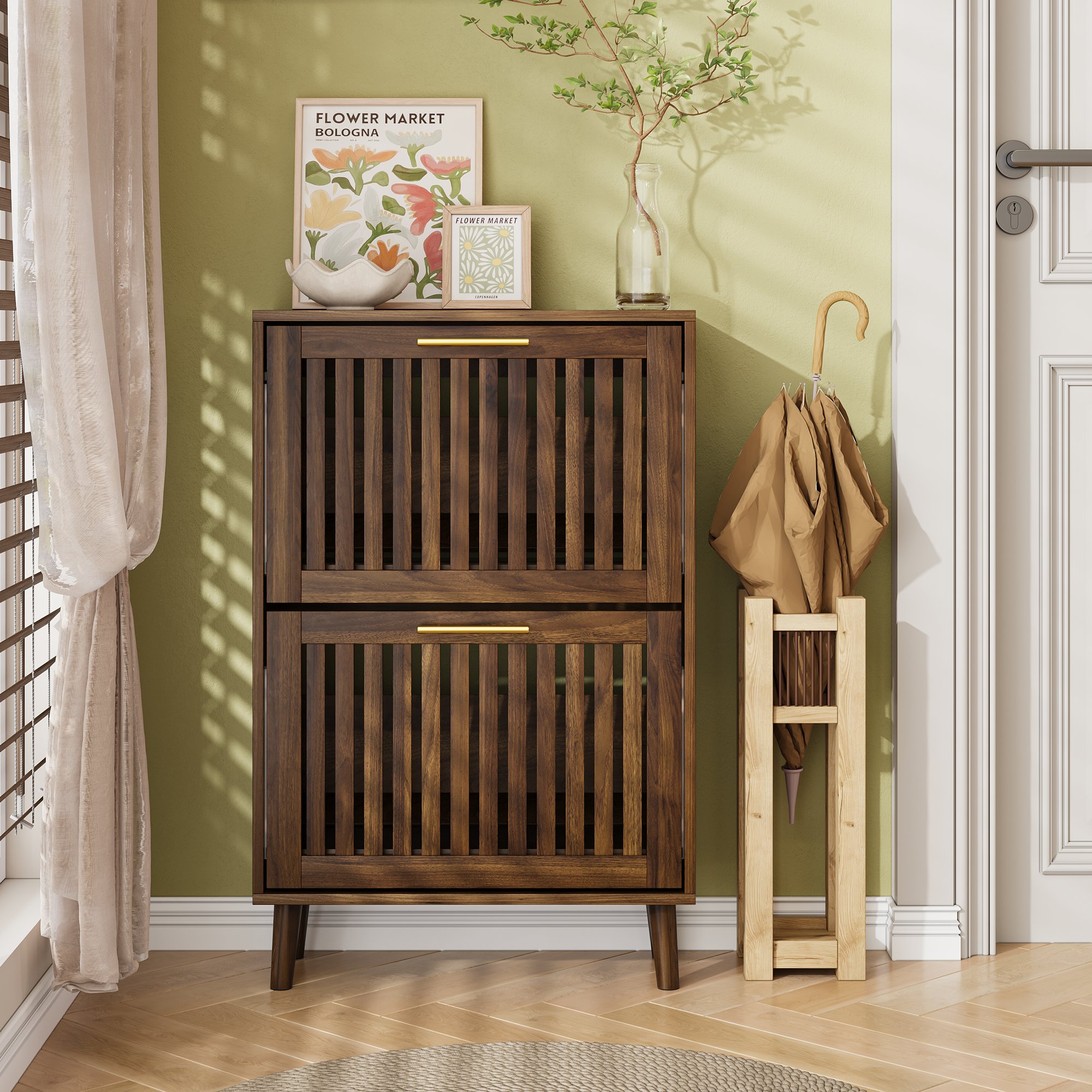 Meuble à chaussures 60x24x93 cm, design moderne avec 2 tiroirs abattants, rangement optimisé pour entrée, finition noyer