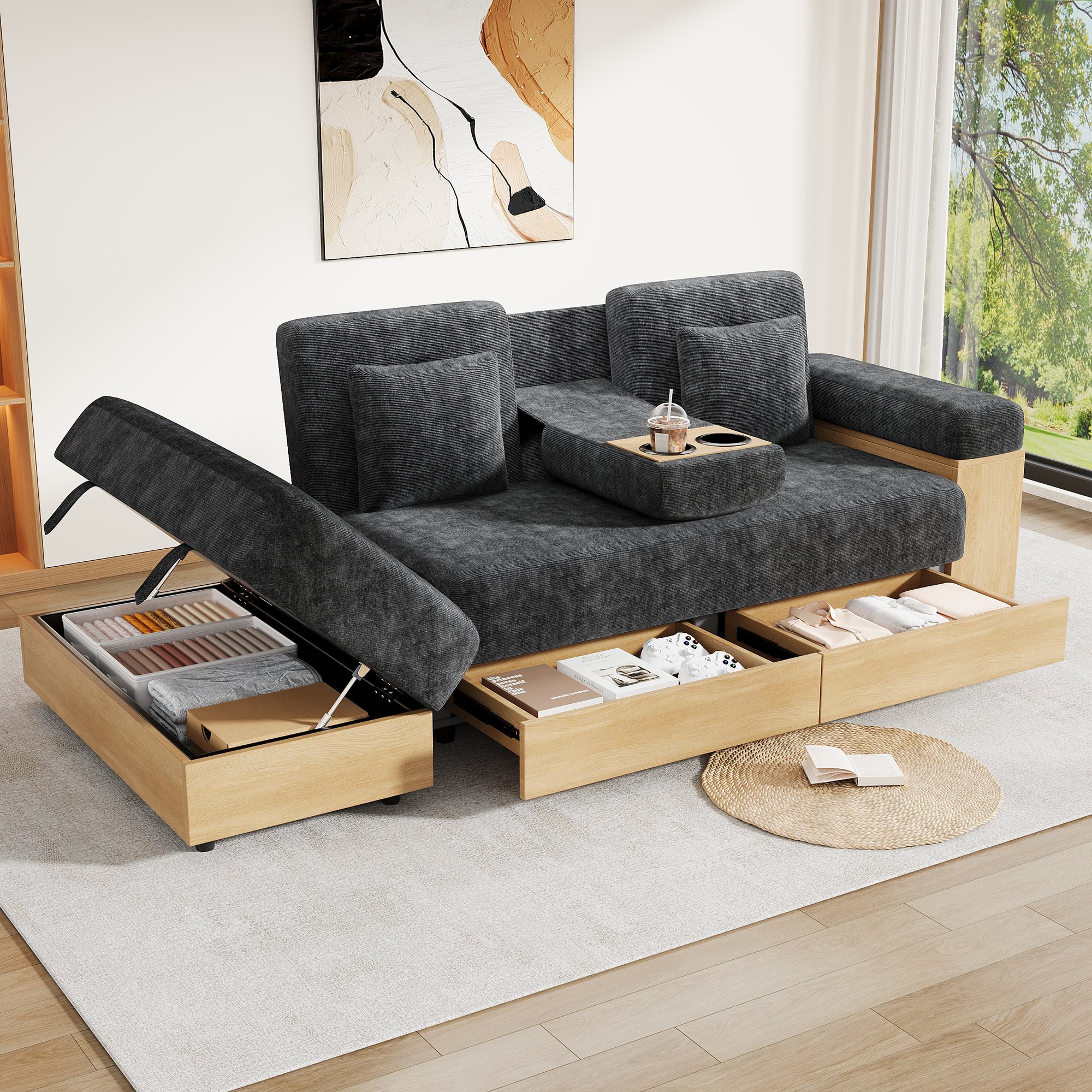 Canapé-lit avec rangement en tissu chenille gris 217x110x90cm, dossier réglable 3 positions, tiroirs et pouf coffre intégré