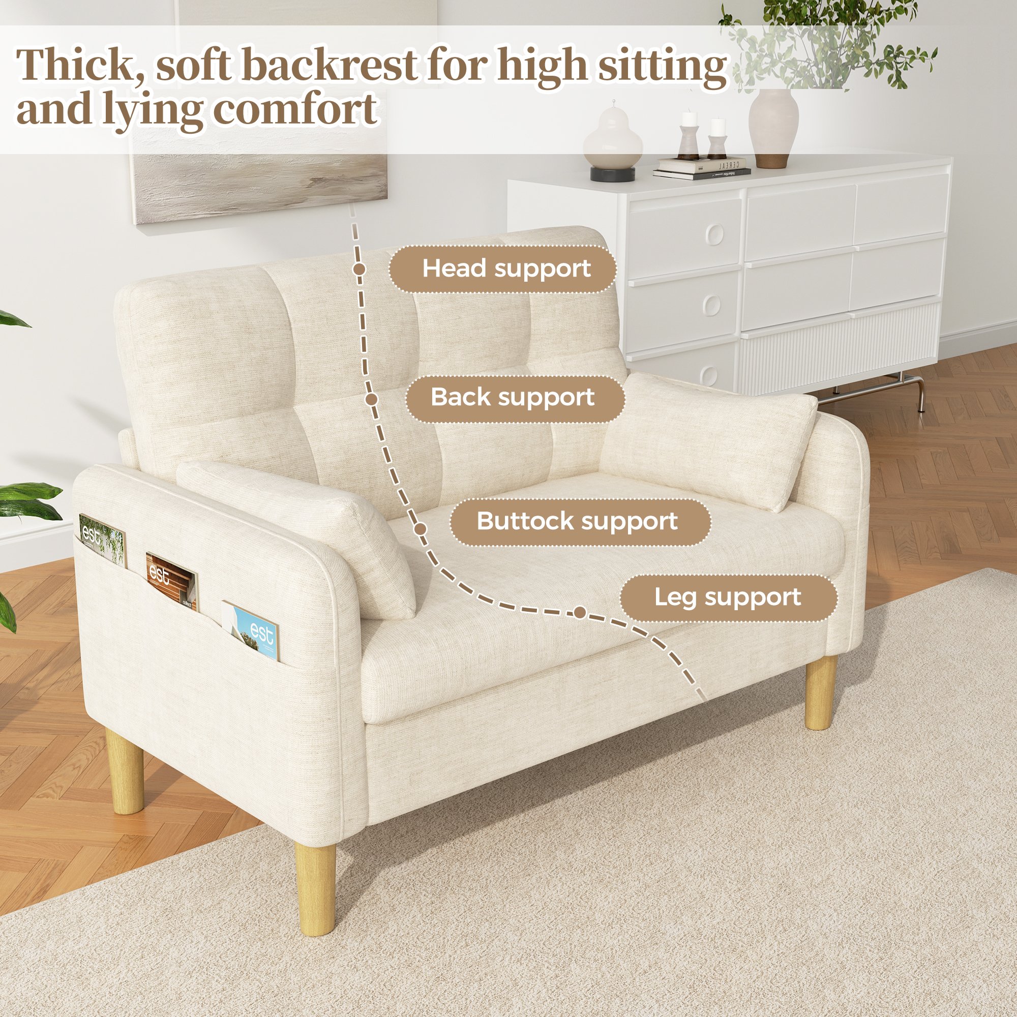 Canapé 2 Places Moderne Beige en Chenille avec Poches de Rangement, Coussins Inclus, Design Contemporain pour Petit Appartement