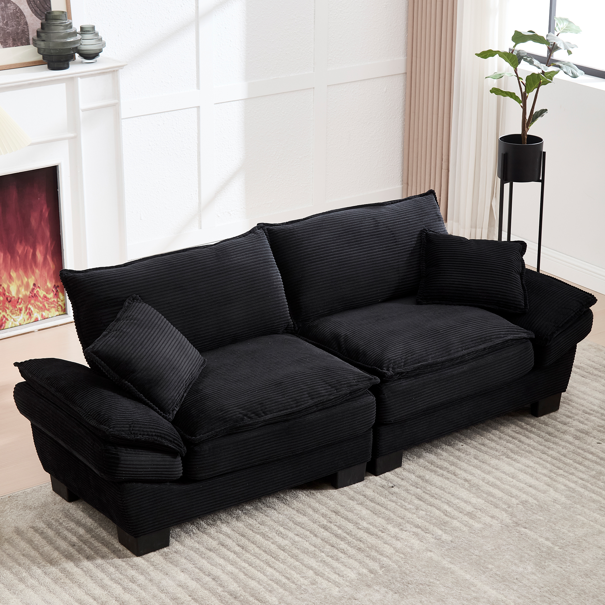 Canapé 2 places en velours noir 224x81x81 cm avec coussins inclus et accoudoirs rembourrés