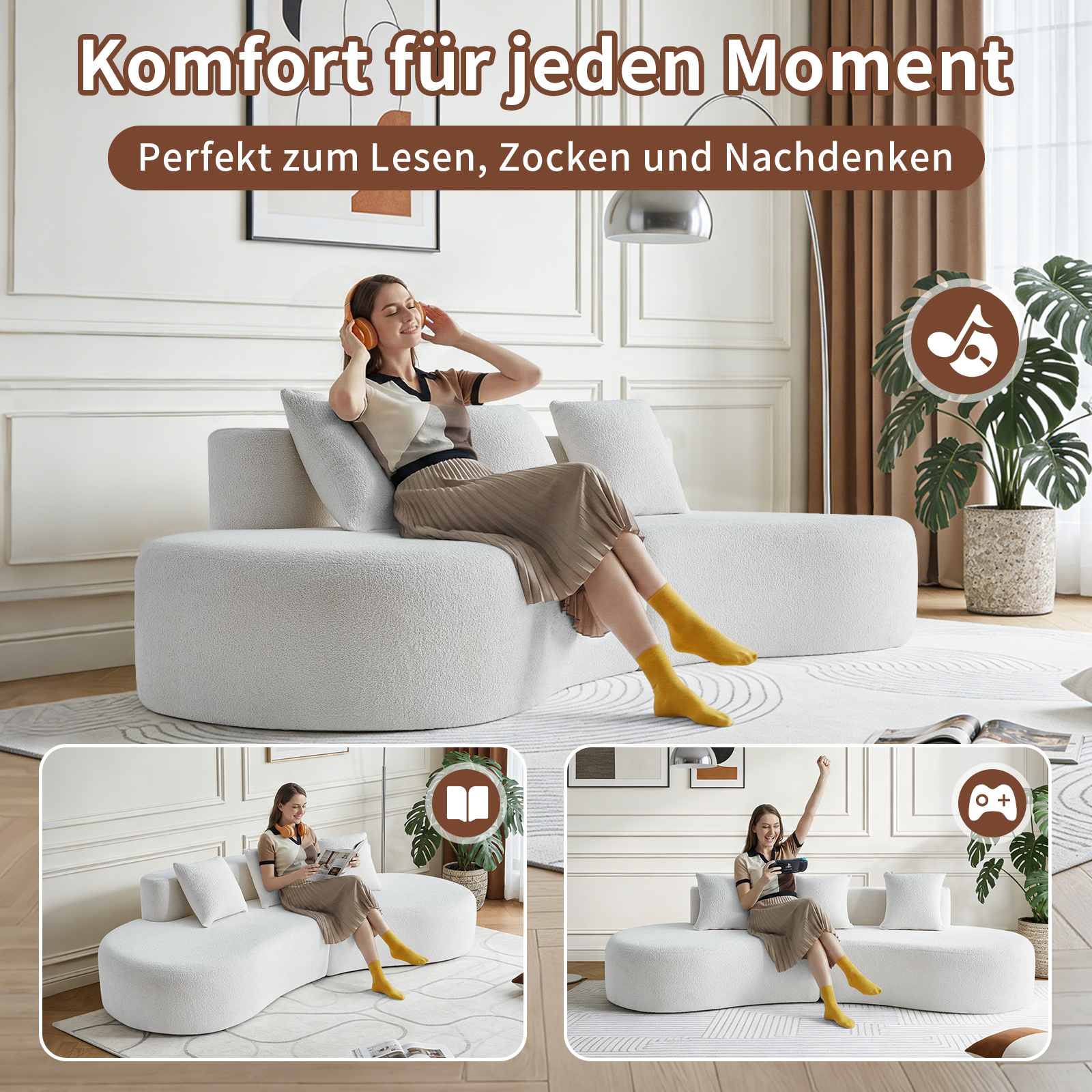 Canapé d'angle modulable 3 places blanc en velours, design courbé moderne pour salon et appartement, livraison en 2 colis