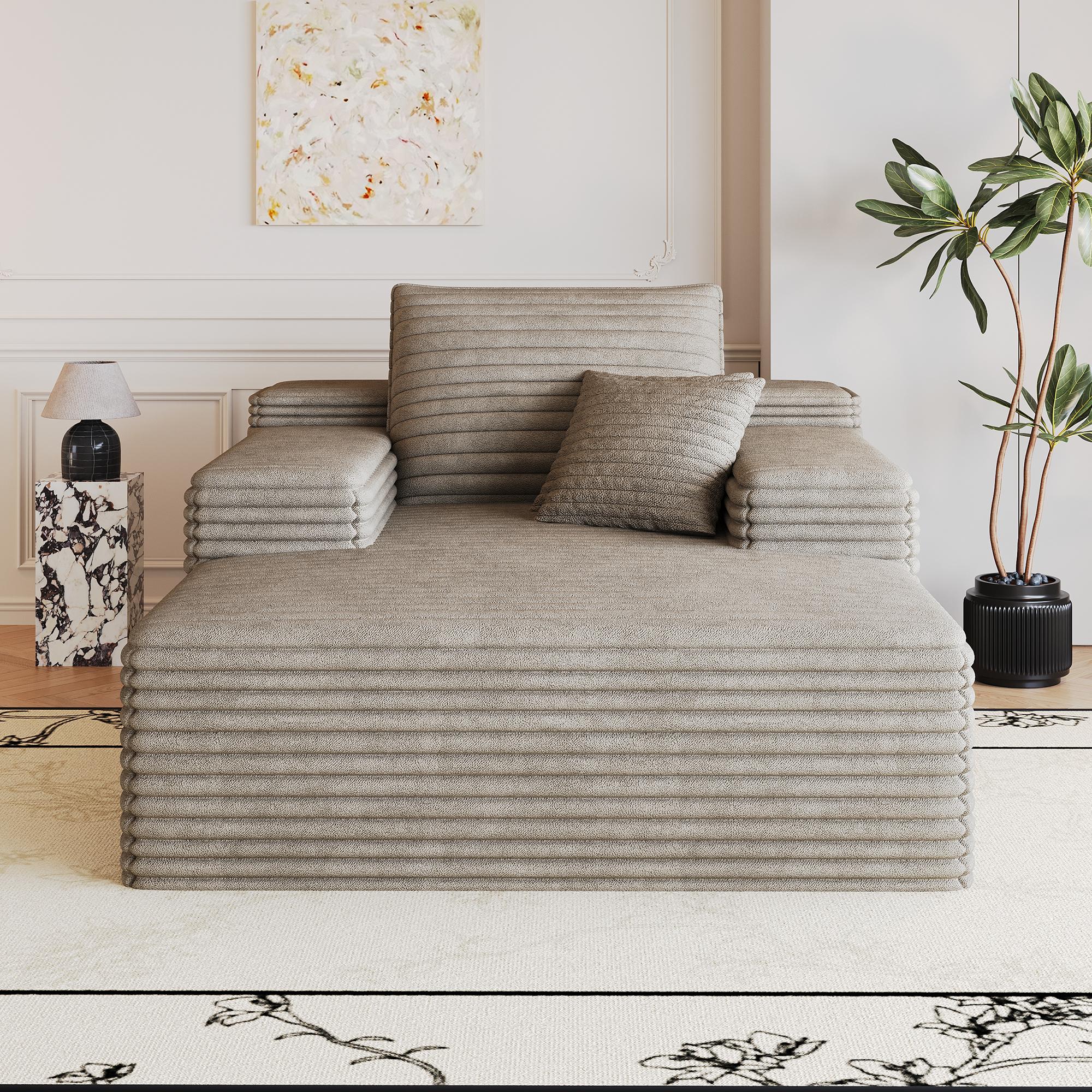 Canapé droit 115x159cm en velours côtelé camel, assise profonde sans montage, mousse haute élasticité, style moderne pour salon et chambre à coucher