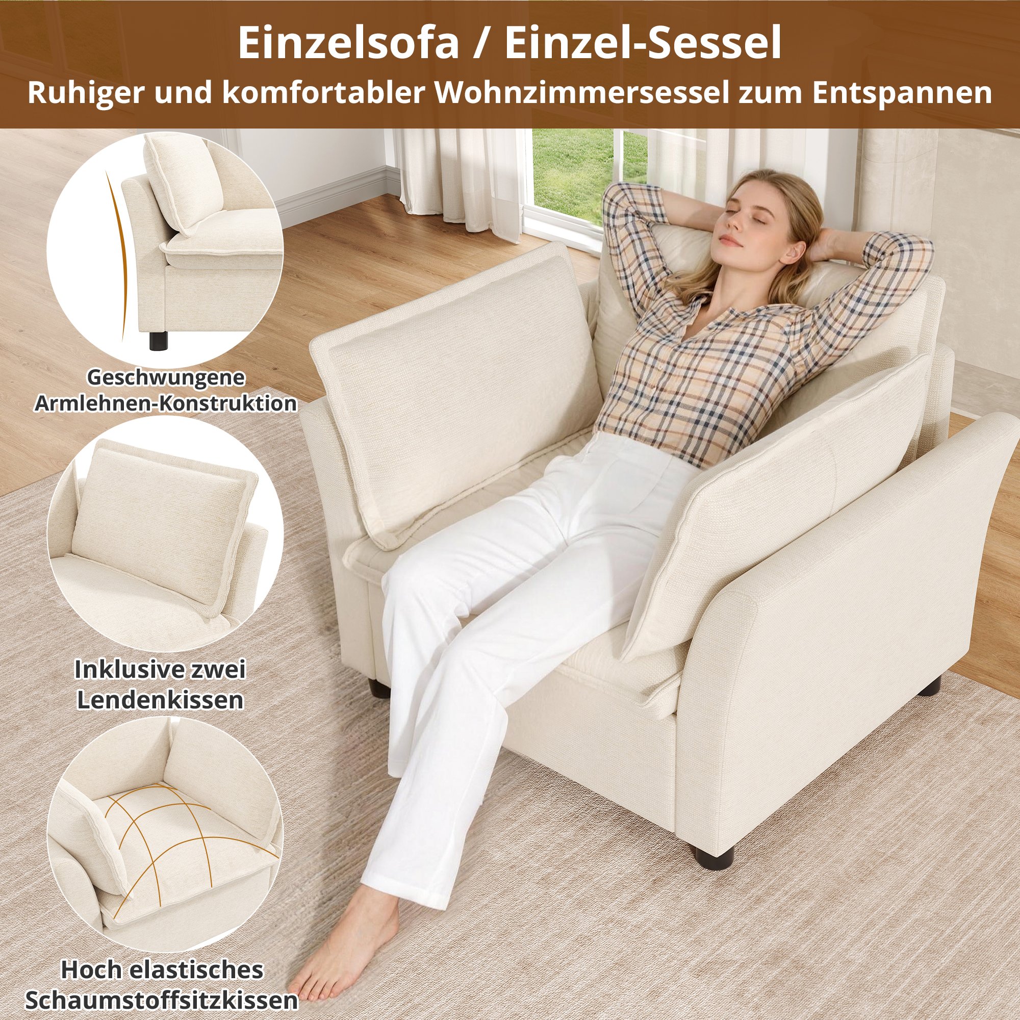 Canapé Modulable 220x87cm et Fauteuils 90x81cm Beige Chenille Capacité 5-6 Personnes Charge Max 500kg Hauteur Assise 45cm Salon