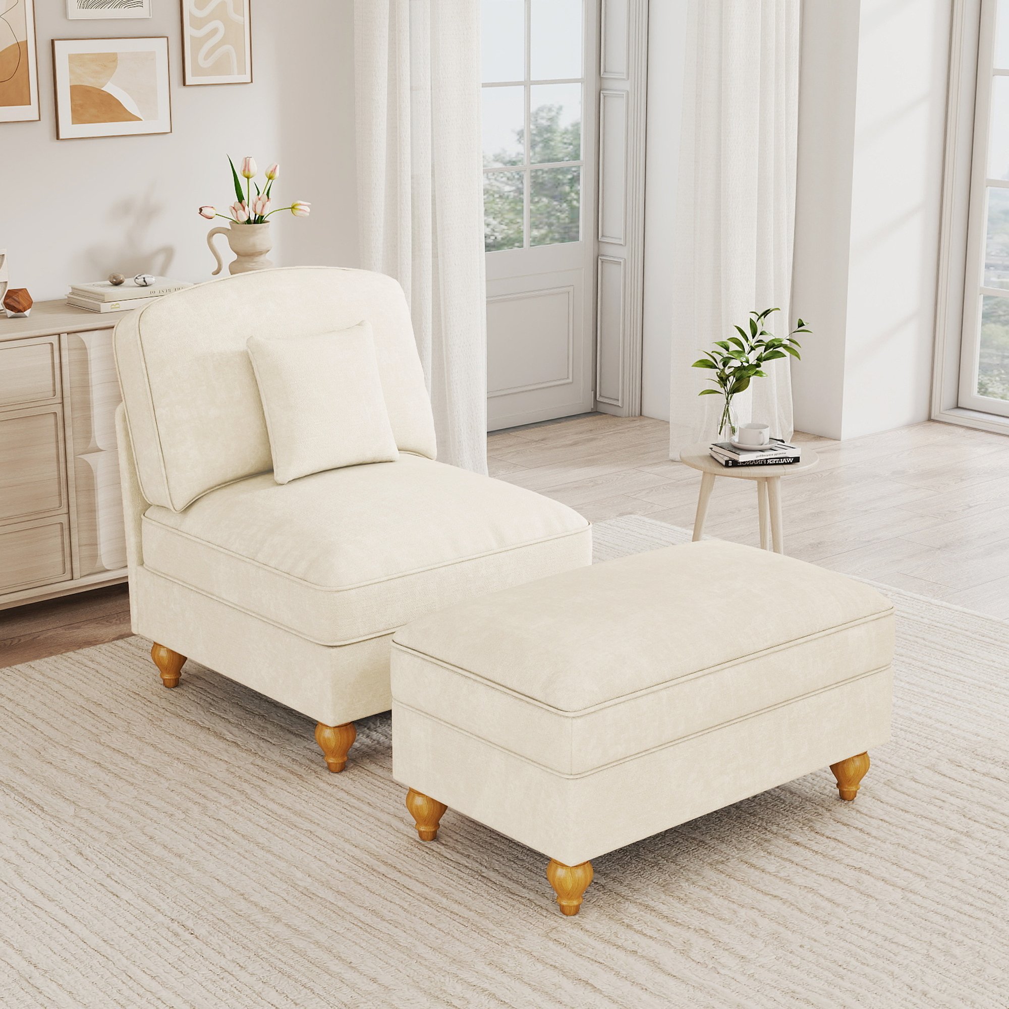 Fauteuil Lounge Chenille Blanc avec Pouf Mobile, Jupe Amovible et Pieds Tournés, Canapé Nuage Confortable pour Salon