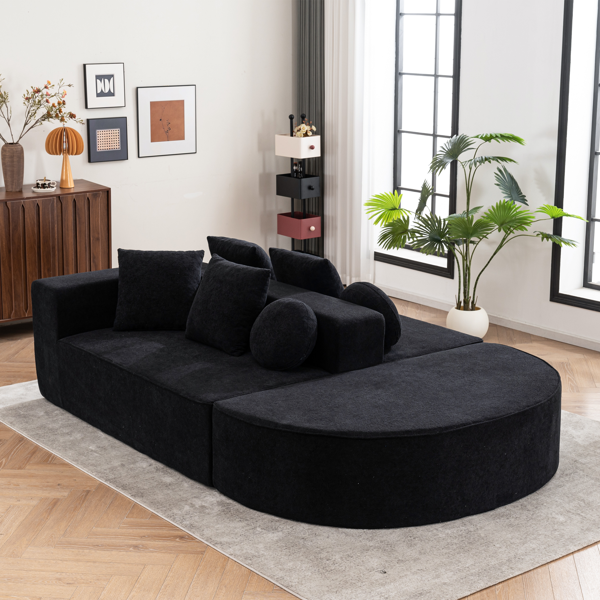 Canapé Modulable en Chenille Noire - Structure Modulaire Flexible avec Coussins et Accoudoirs Large pour Intérieur