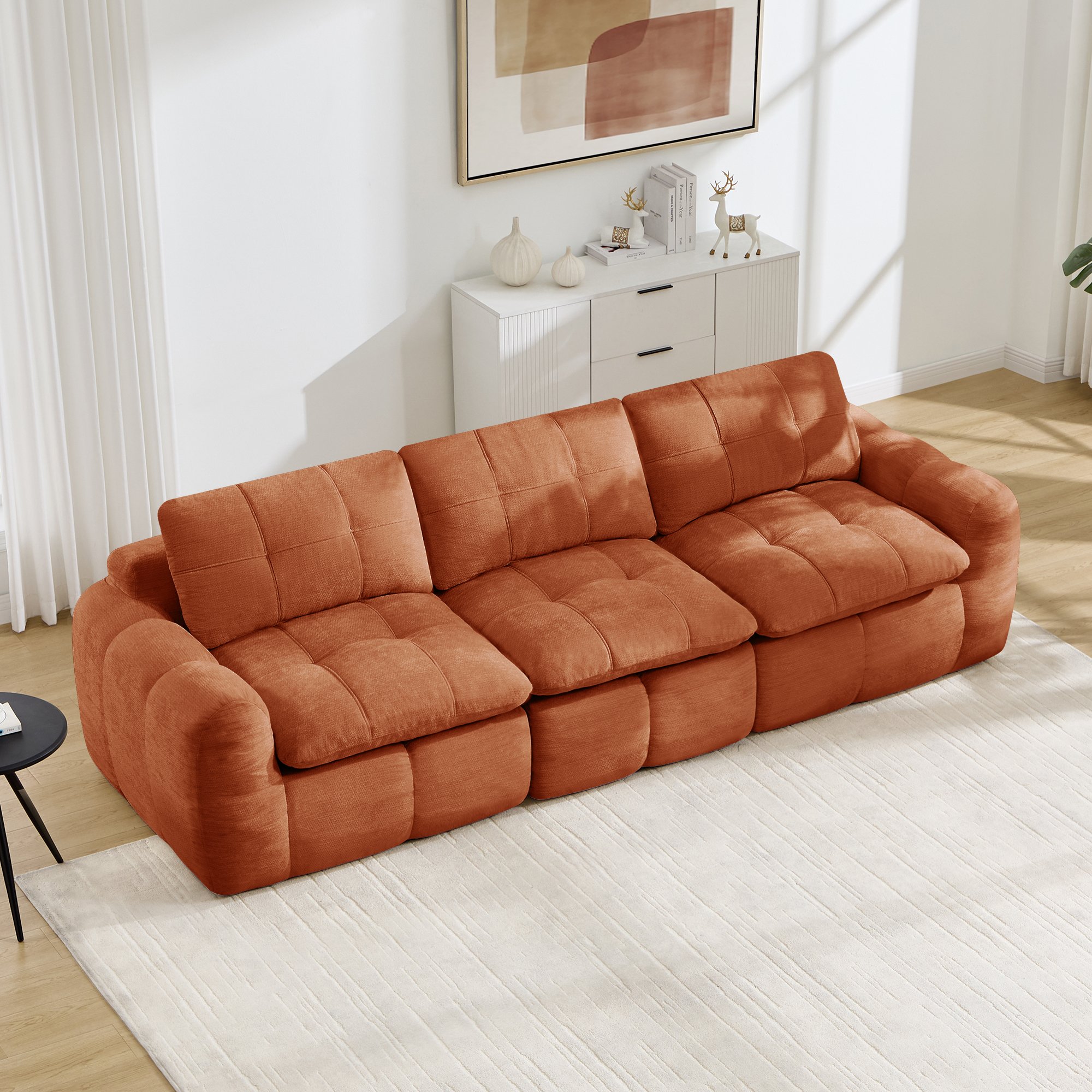 Canapé 3 places 264x97x68 cm chenille orange, design modulaire sans cadre, capacité de charge 600 kg, livraison en 3 colis sous vide