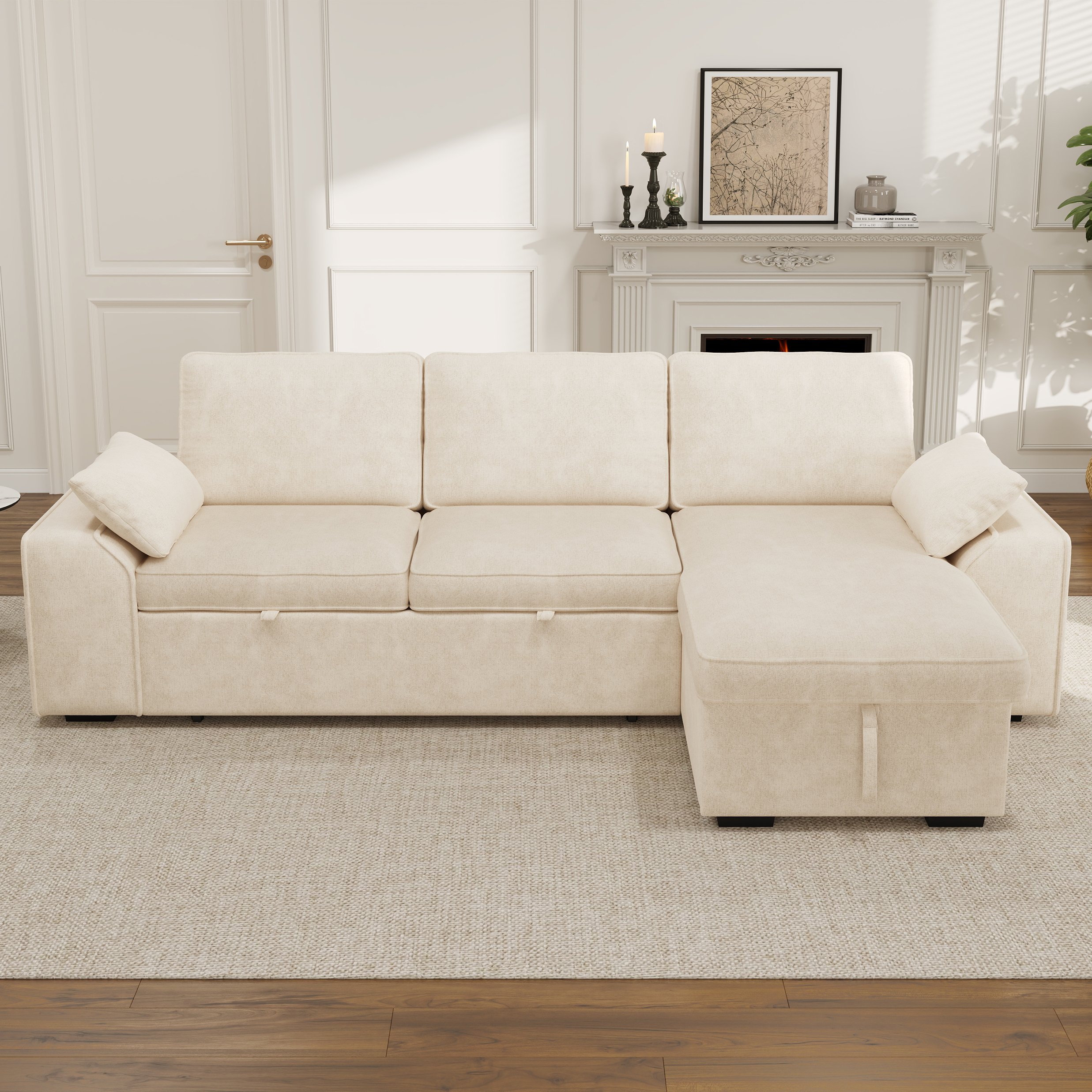 Grand canapé d'angle convertible beige chenille avec table USB, porte-gobelets, rangement caché et dossiers réglables pour salon