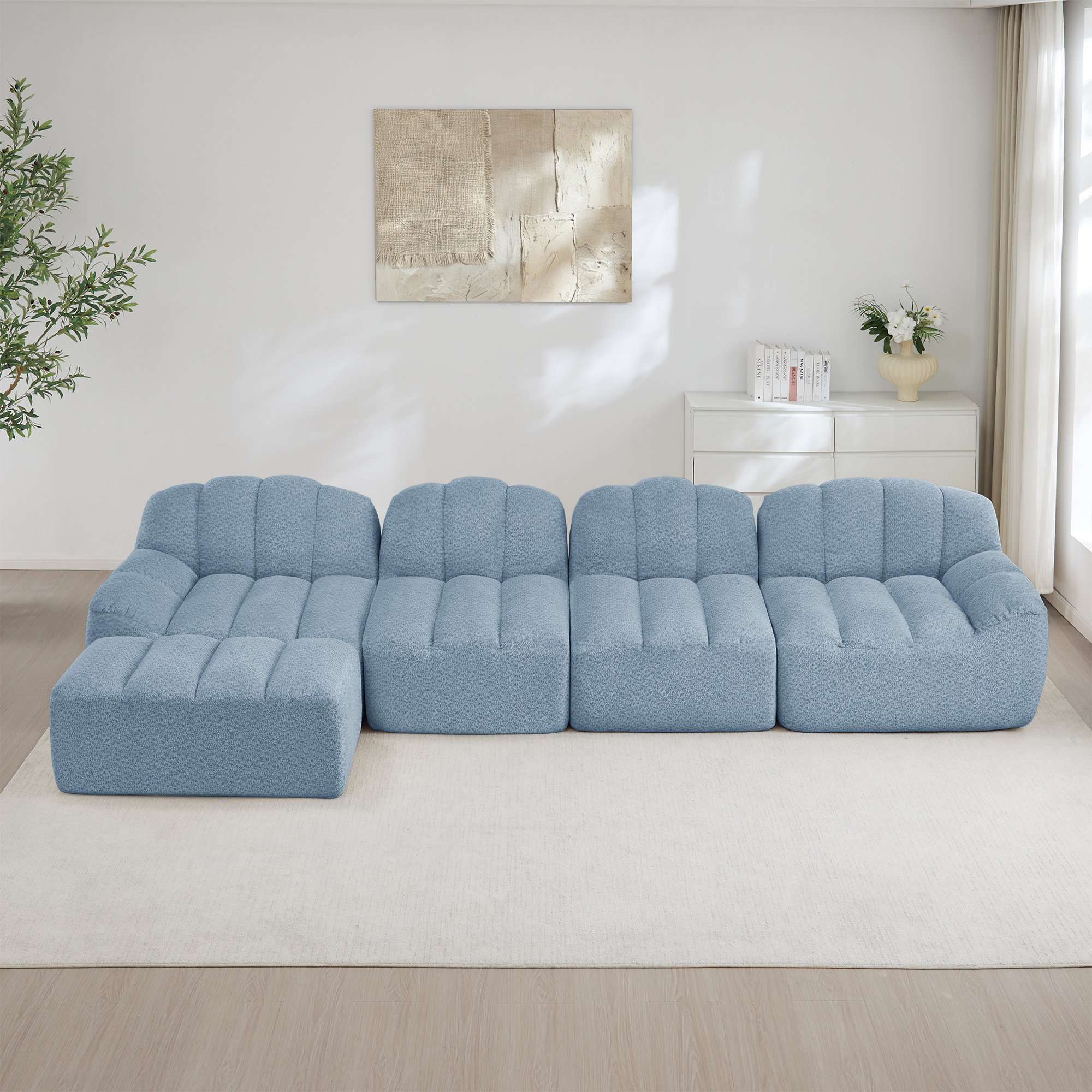 Canapé Modulable 4 Places Bleu Avec Ottoman, Canapé D'angle Sans Dossier En Tissu Granuleux Pour Salon Moderne
