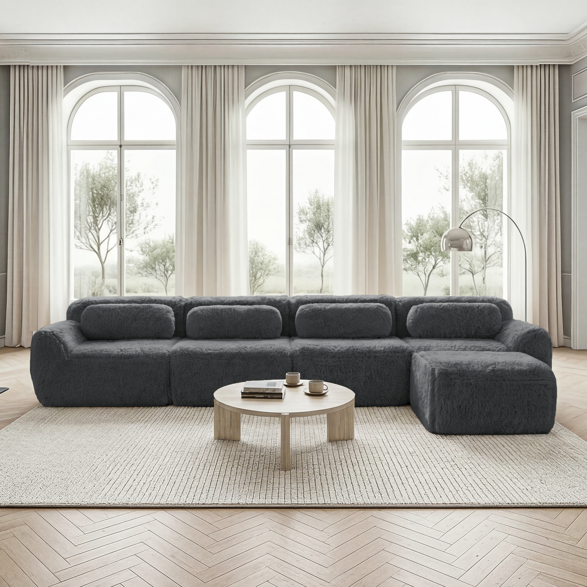 Canapé d'angle modulable 4 places Gris Tissu Peluche Ultra Confort Sans Montage Mousse Haute Résilience Salon Contemporain