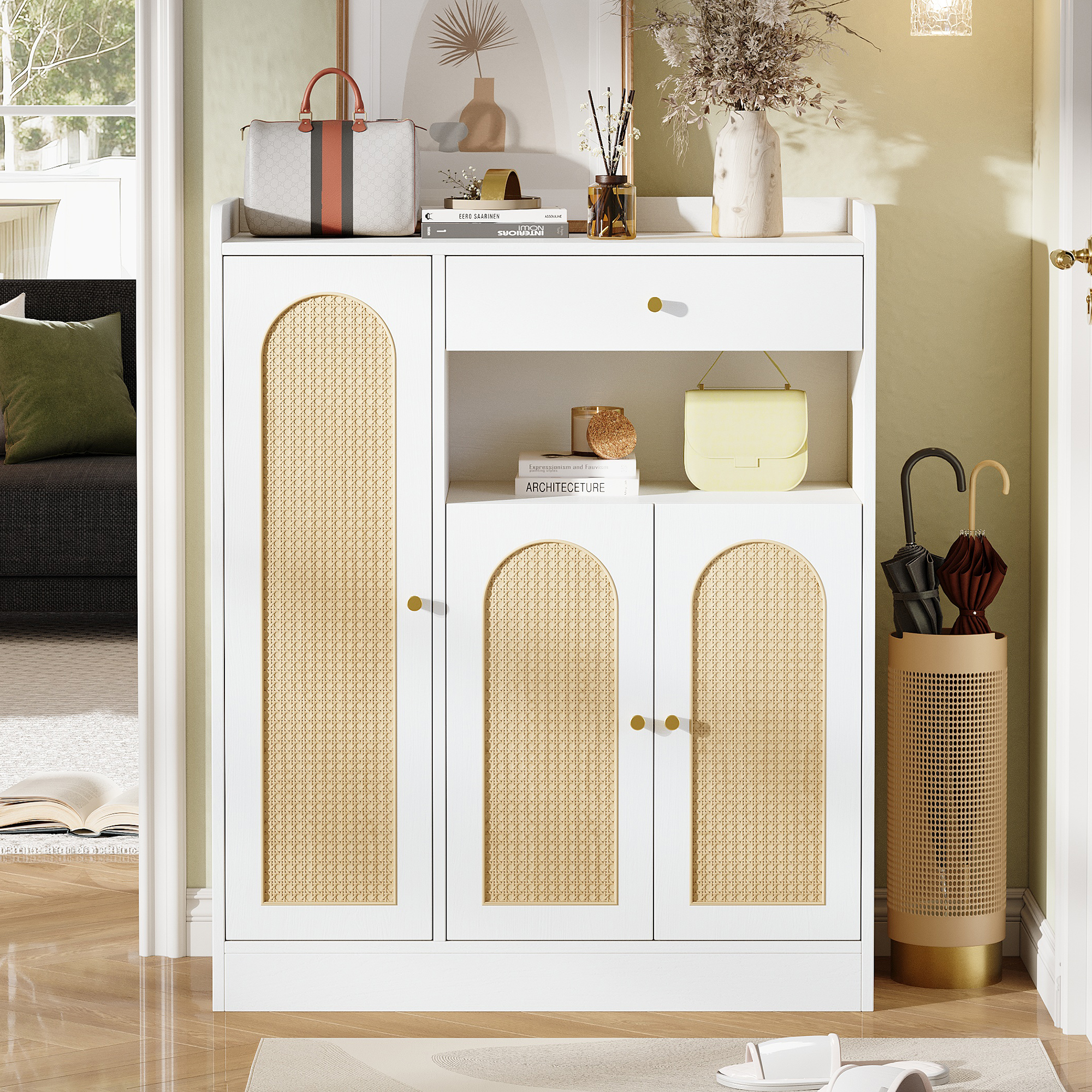 Armoire rangement 90x35x110 cm, Meuble à chaussures 3 portes, capacité adaptée couloir, charge max 50 kg par plateau