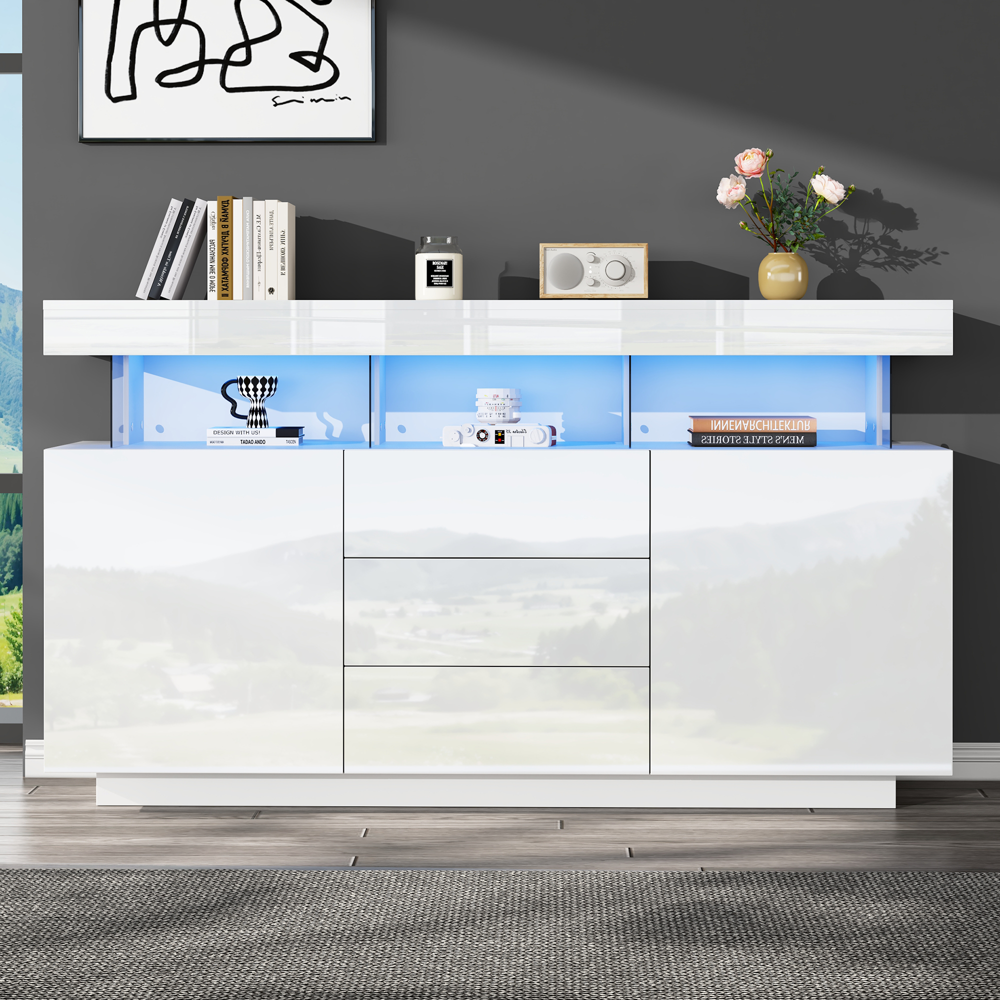 Buffet Blanc Laqué avec LED et Tiroirs, Meuble de Rangement Moderne 140x35x80 cm pour Cuisine Design ou Entrée Lumineuse