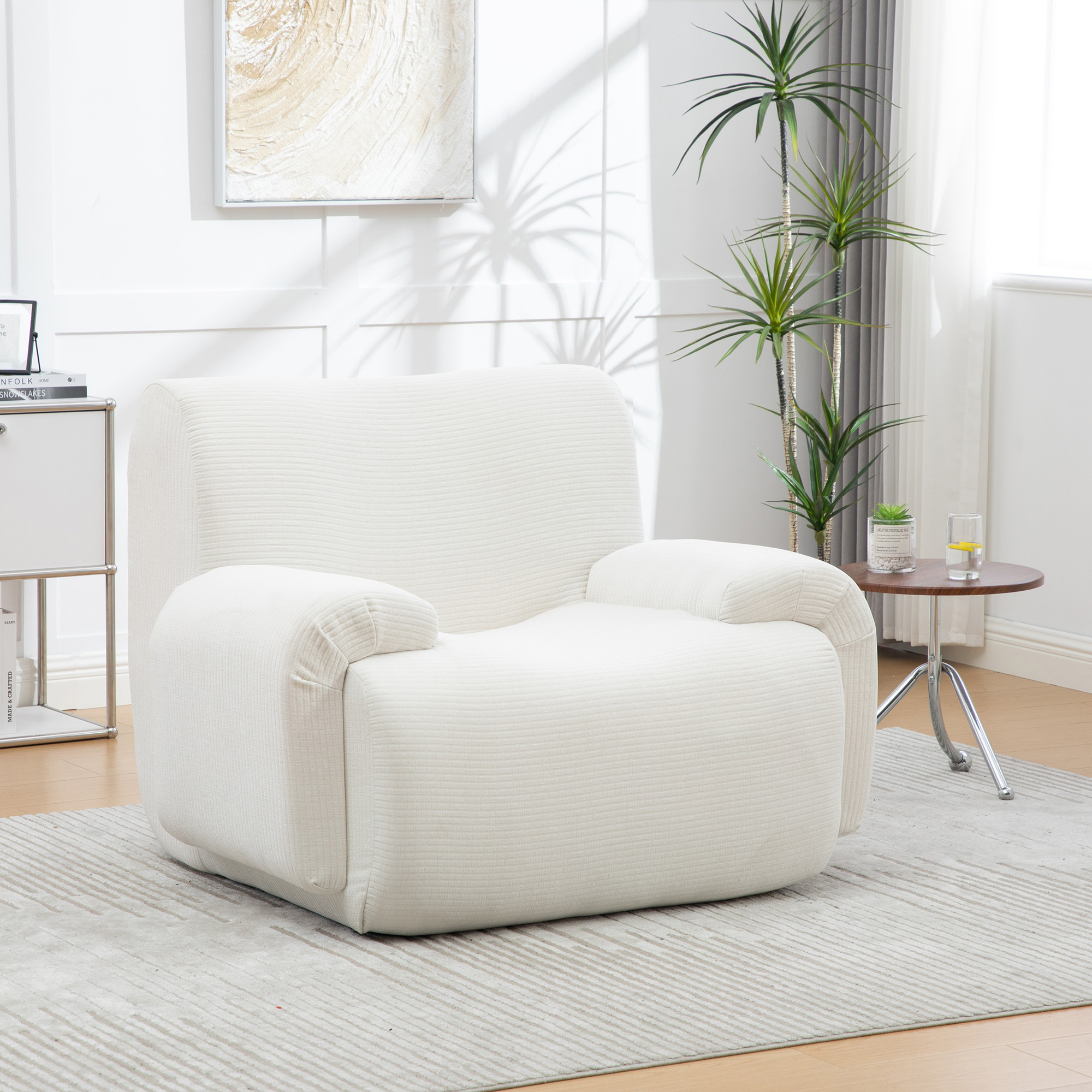 Fauteuil en Tissu Chenille Ivoire avec Hocker, Structure Mousse 30D Haute Résilience, Sans Montage pour Salon Moderne